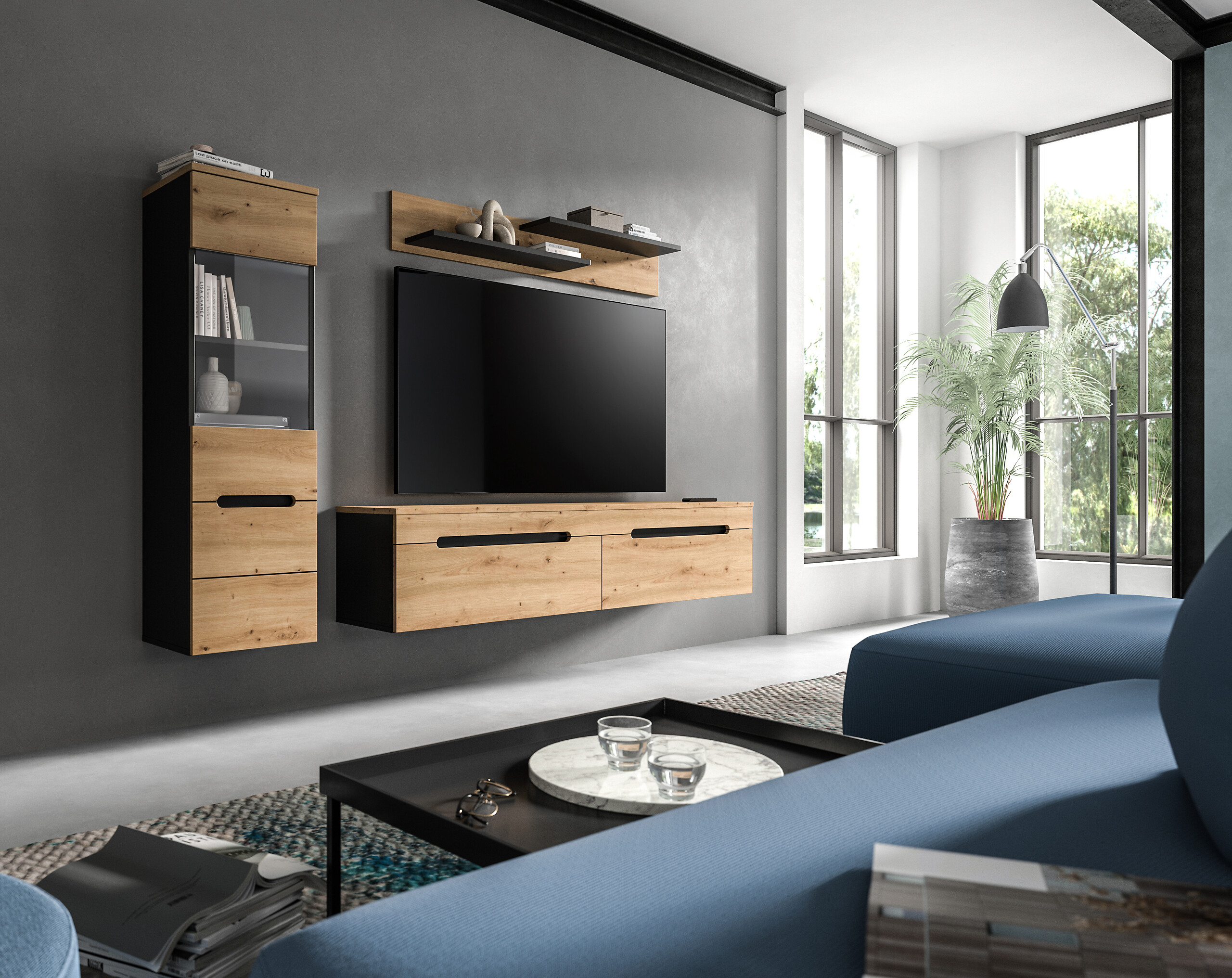 Wohnwand Canu basaltgrau Nachbildung Artisan Oak Nachbildung B/H/T: ca. 221x141x33 cm