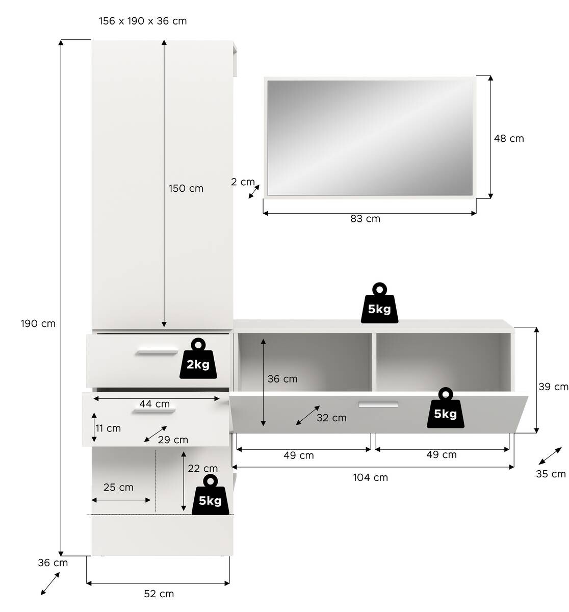 Garderobe VAGA weiß B/H/T: ca. 156x190x36 cm