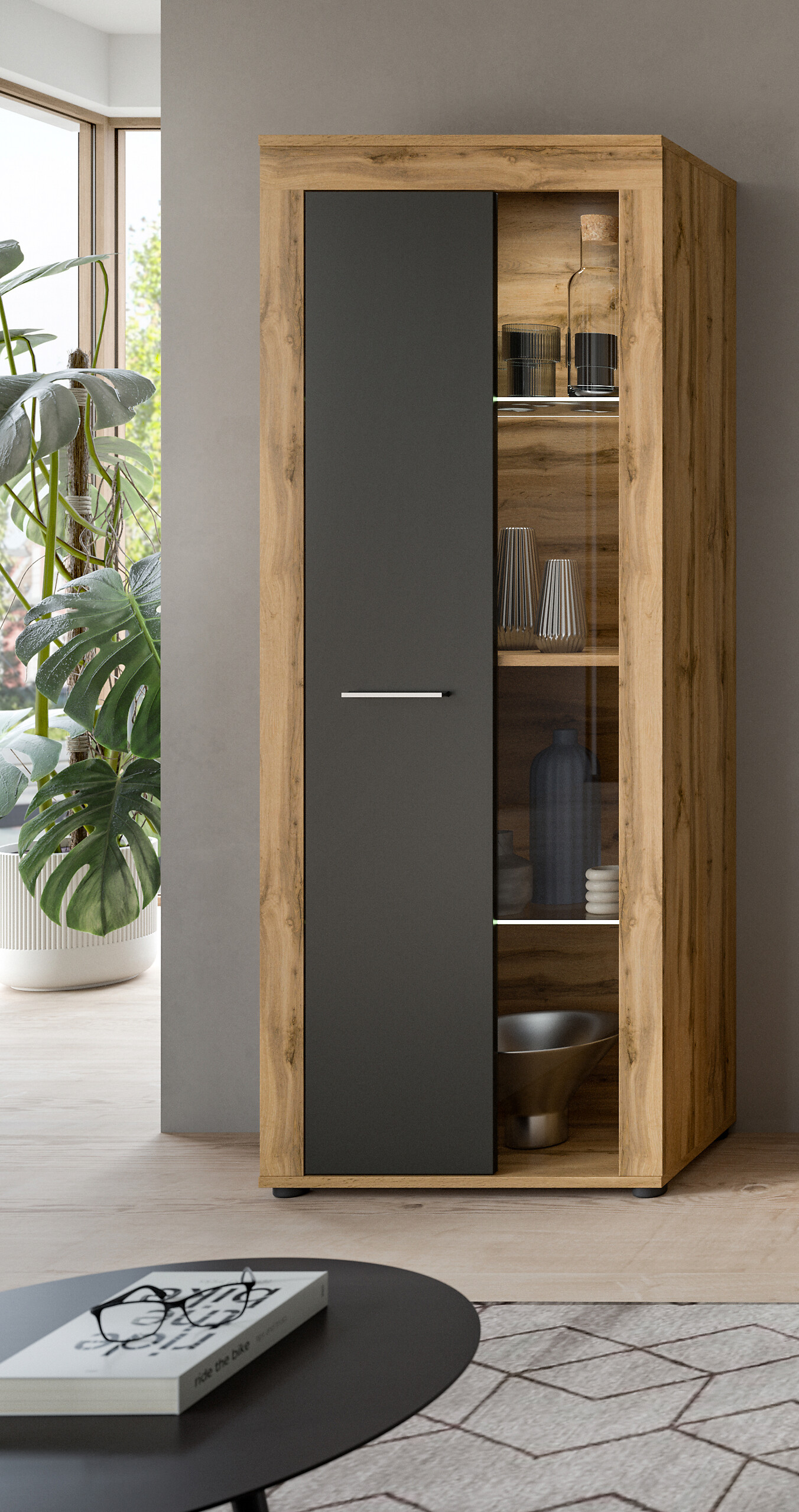 Vitrine Jam Eiche Wotan Nachbildung grau B/H/T: ca. 60x159x35 cm Vitrine Jam Eiche Wotan Nachbildung grau B/H/T: ca. 60x159x35 cm