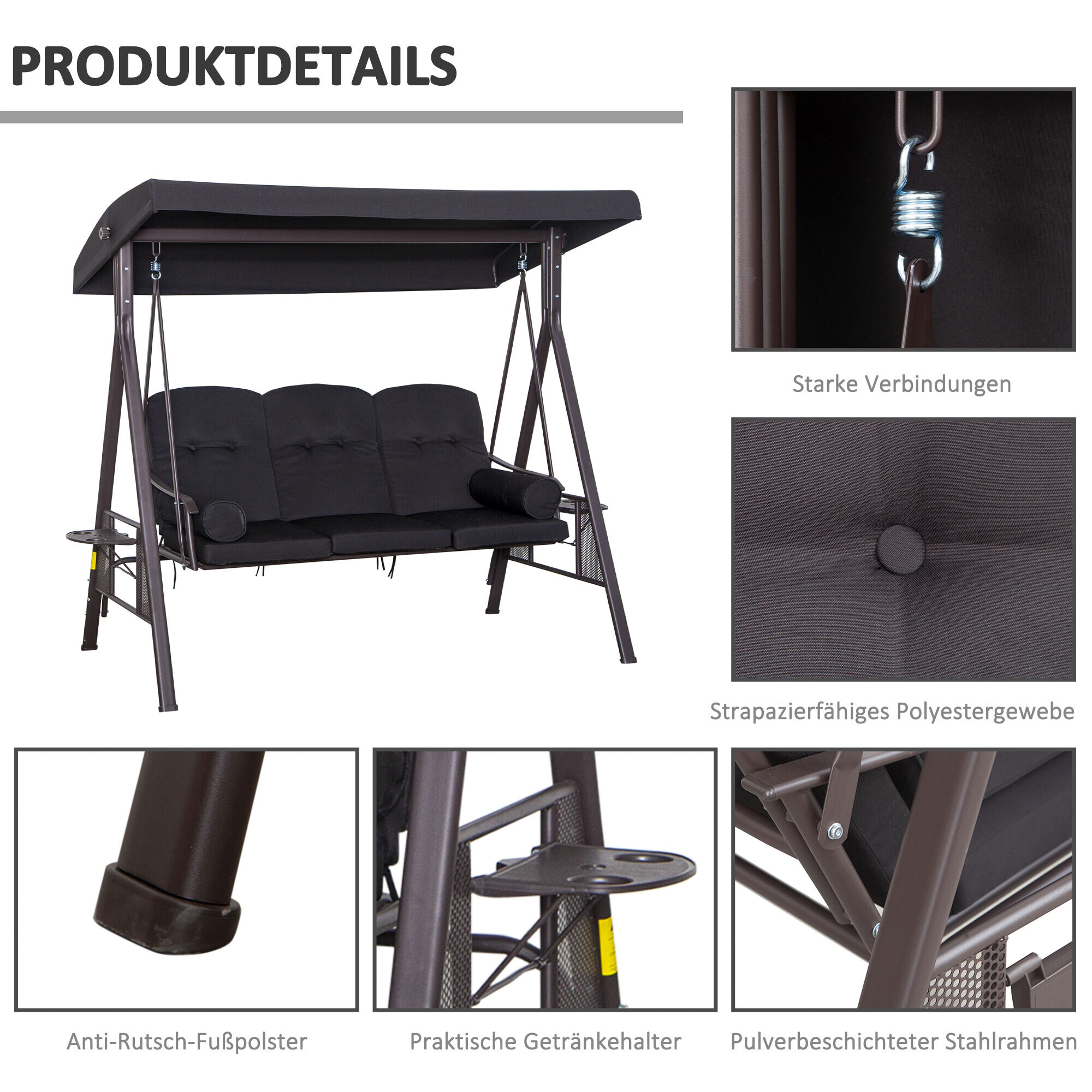 Outsunny Hollywoodschaukel schwarz Metall B/H/L: ca. 116x183x206 cm