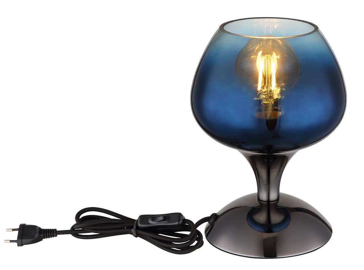 GLOBO Tischleuchte schwarz Chrom blau Glas Metall Textil H/D: ca. 20,5x15 cm E27 1 Brennstellen