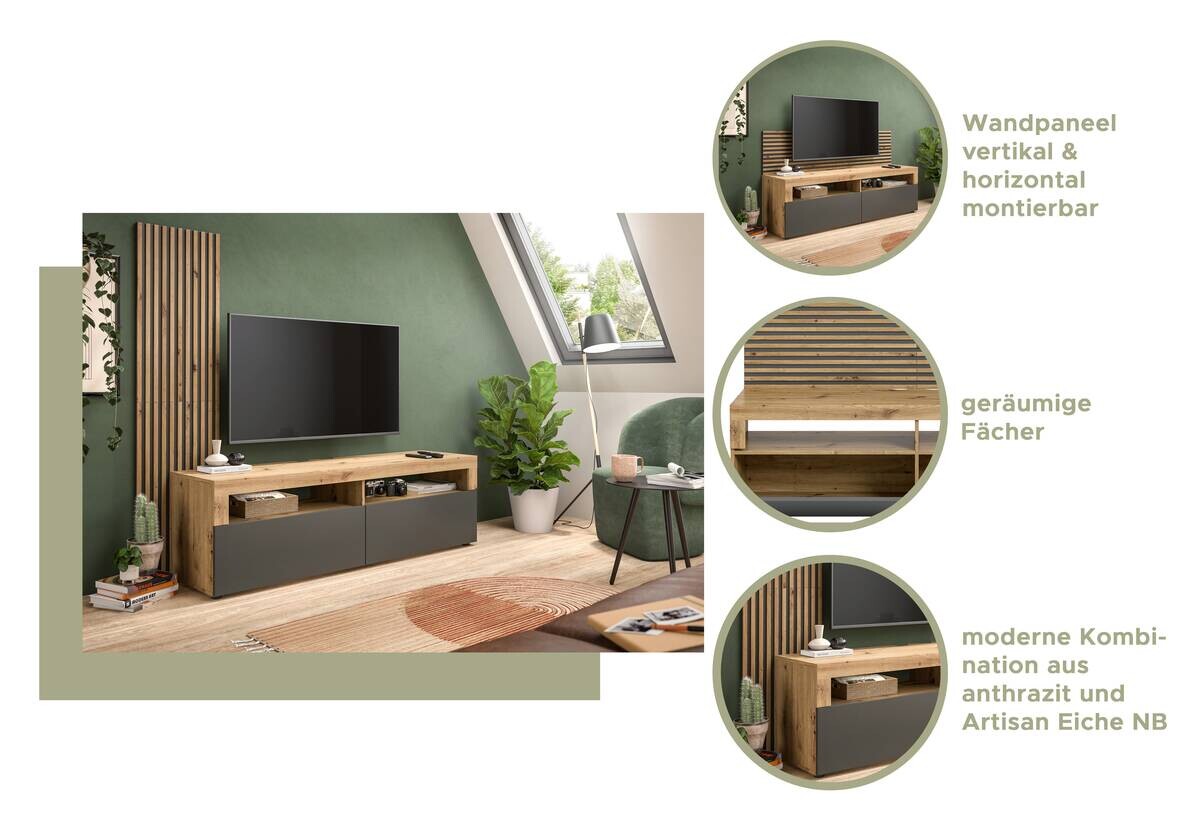 TV-Lowboard Okai anthrazit Eiche Artisan Nachbildung B/H/T: ca. 160x90x45 cm