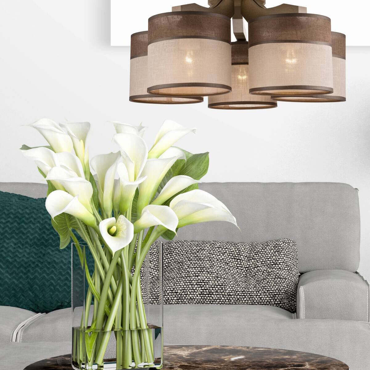 Lamkur Deckenleuchte Andrea natur Holz Stahl Stoff H/L: ca. 23x43 cm E27 5 Brennstellen