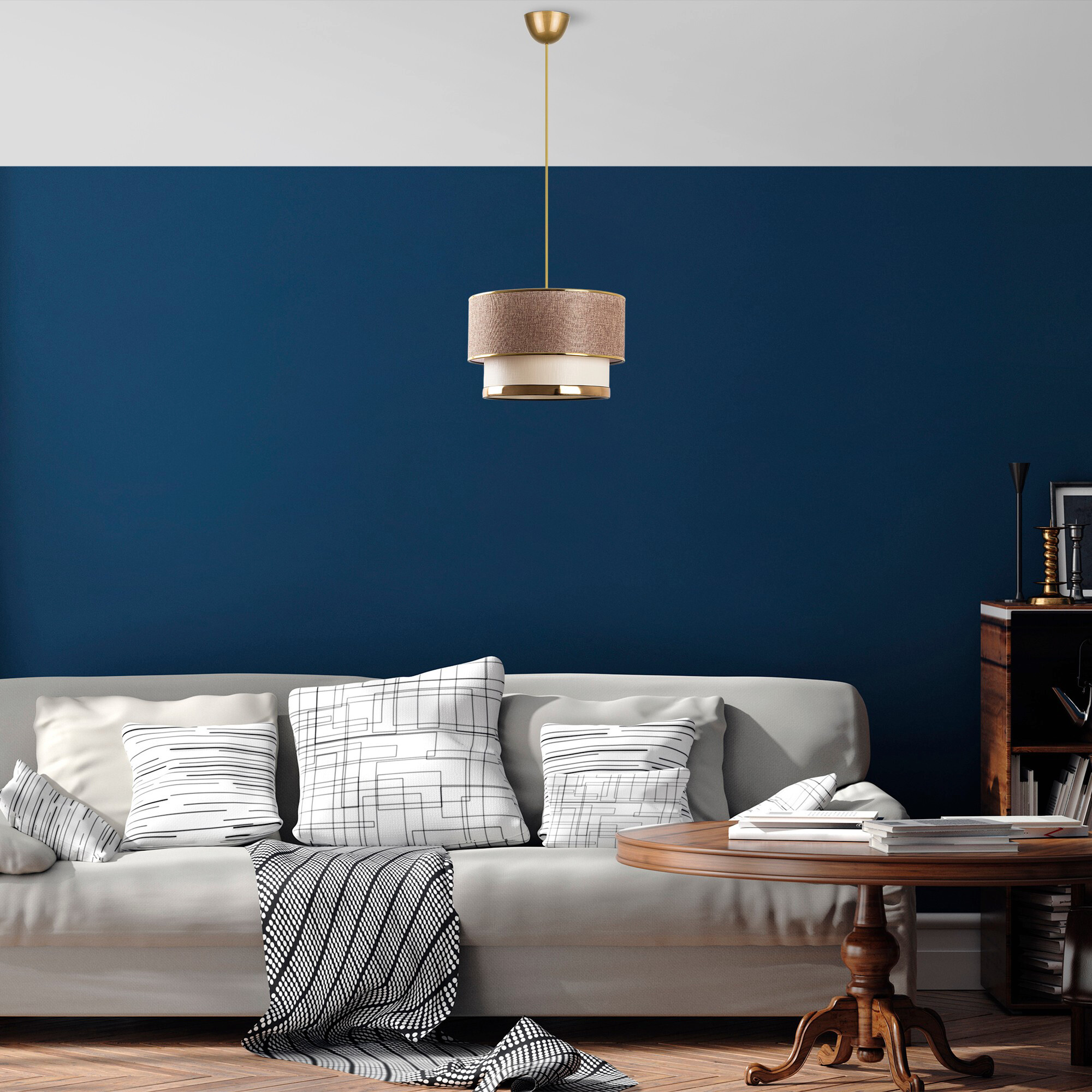 Opviq Pendelleuchte Cake gold beige Metall Baumwolle B/H/L: ca. 30x65x30 cm E27 3 Brennstellen