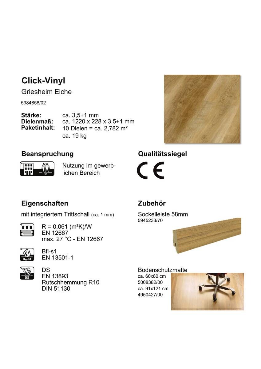 Click-Vinylboden Griesheim ca. 2,782 m² im Paket  B/L: ca. 22,8x122 cm pro Paket