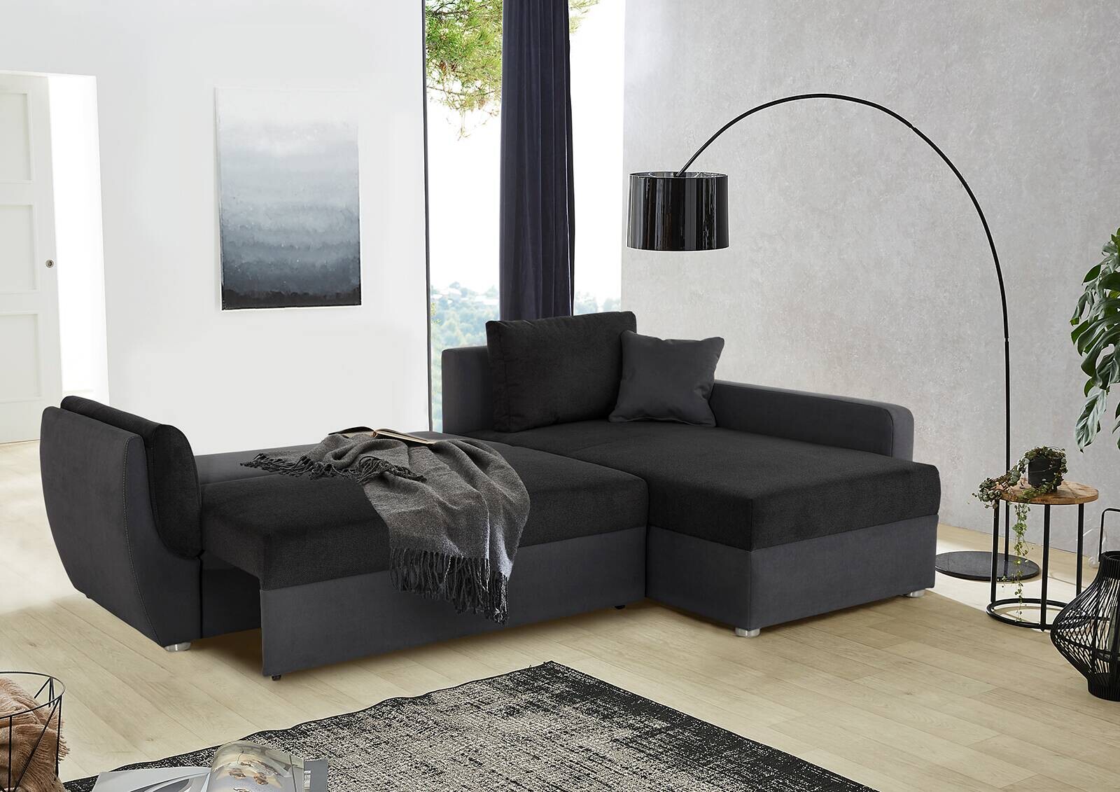 Ecksofa mit Bettfunktion und Bettkasten schwarz Polyester B/H/T: ca. 247x82x178 cm