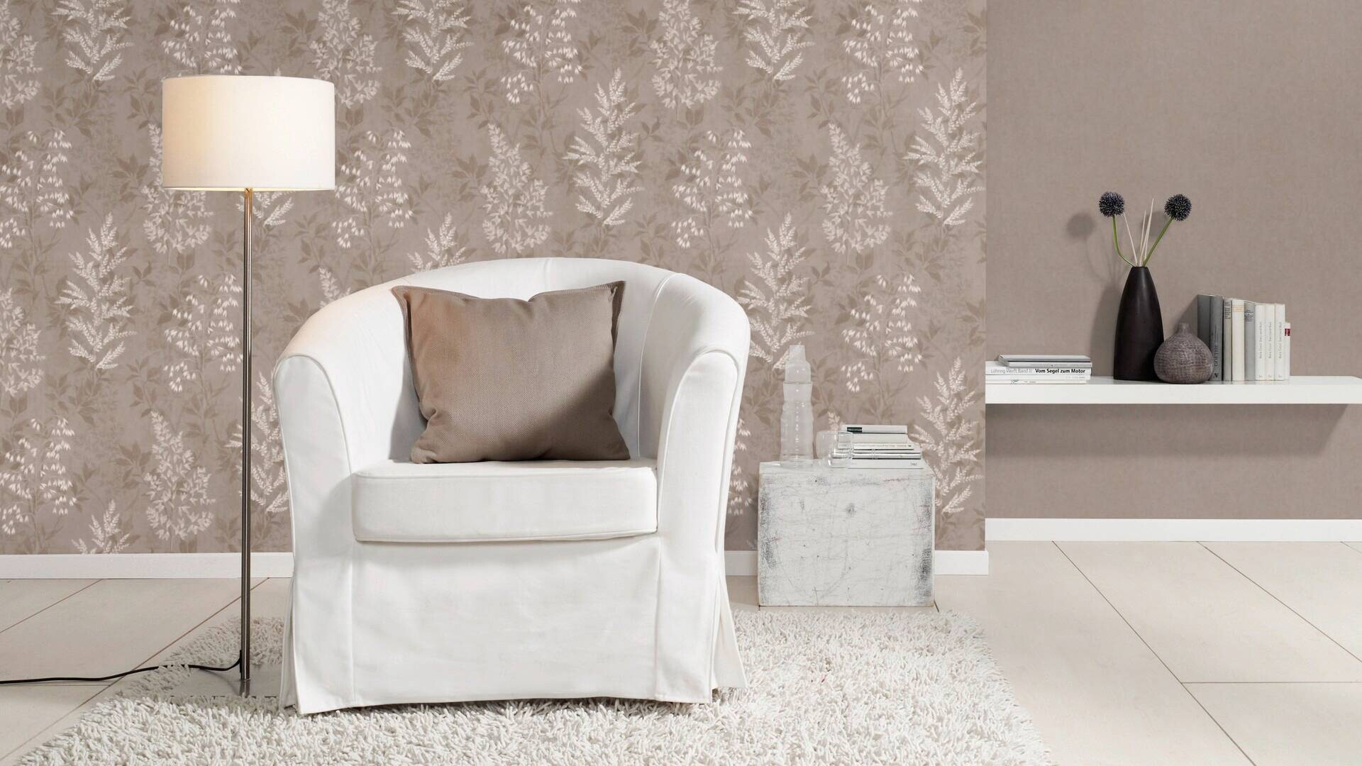 Papiertapete Blätter braun weiß B/L: ca. 53x1005 cm