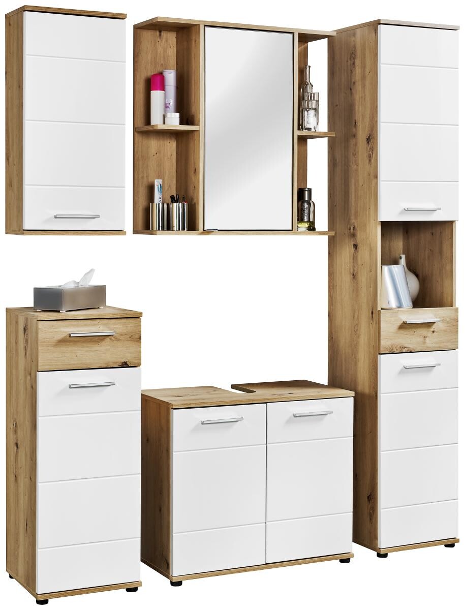 Waschbeckenunterschrank Bergen Eiche Artisan Nachbildung weiß Hochglanz B/H/T: ca. 70x61x35 cm