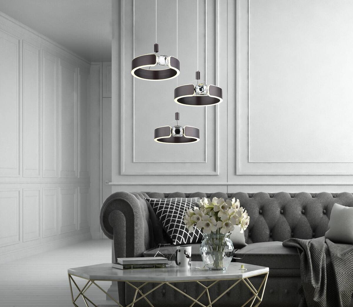 GLOBO LED-Pendelleuchte bronze Opal Metall Acryl H/L: ca. 125x44 cm