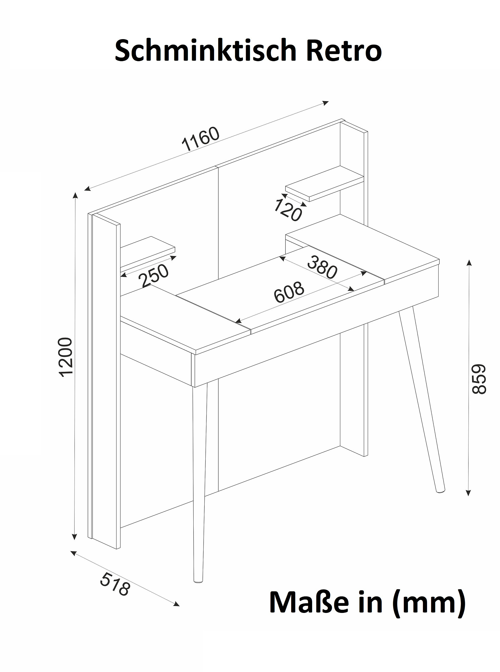 Schminktisch Retro weiß walnuss Nachbildung B/H/T: ca. 116x120x52 cm