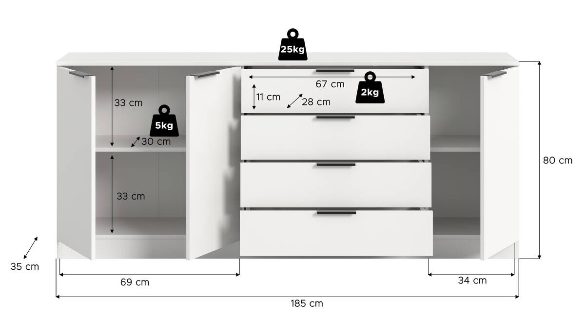 Kommode KOPENHAGEN weiß B/H/T: ca. 185x80x35 cm