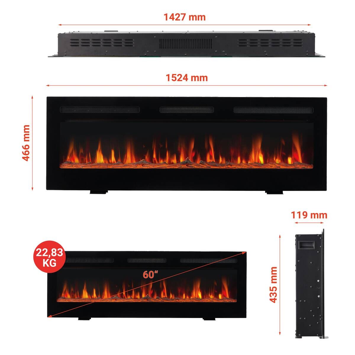 KAMINIO Elektrischer-Kamin MARLON schwarz Metall B/H/T: ca. 152,4x46,6x11,9 cm ca. 1800 W