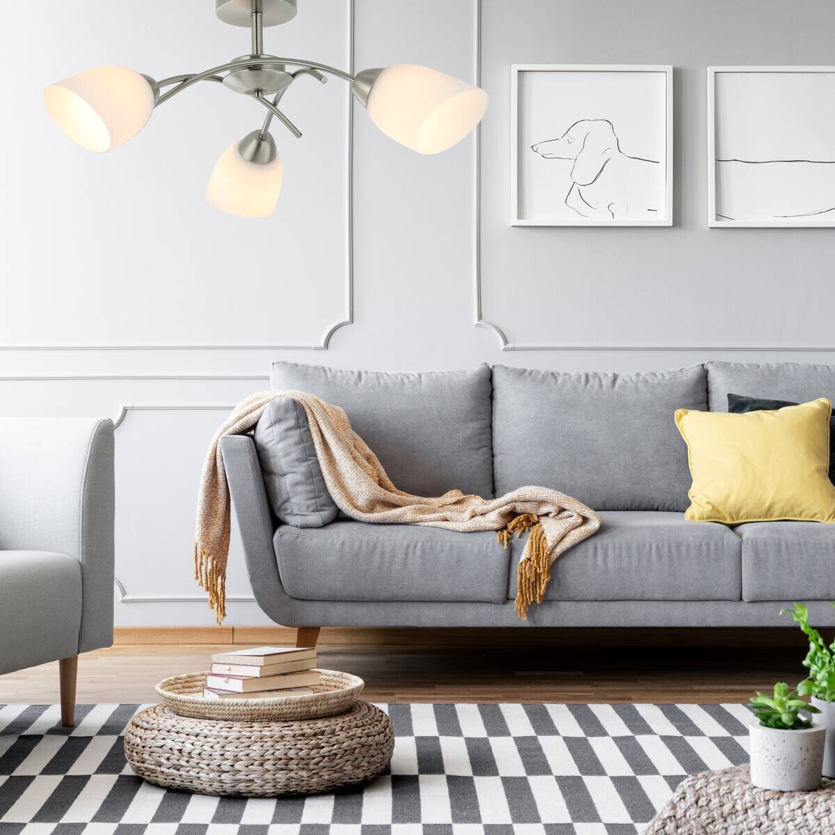 Lamkur Deckenleuchte Donna nickel Metall Glas H/L: ca. 25x51 cm E27 3 Brennstellen