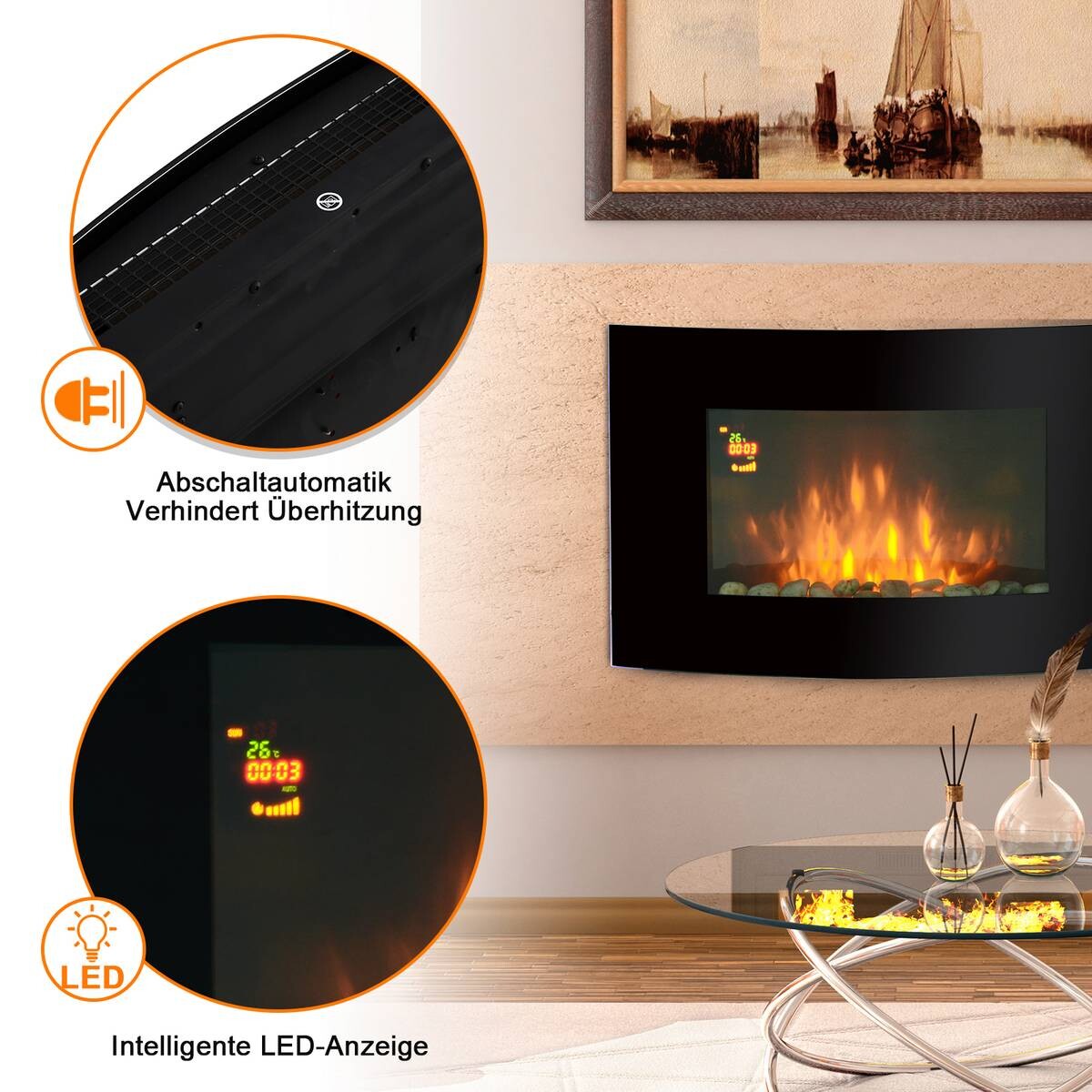 HOMCOM Elektrischer-Kamin MH820-052 schwarz Metall Glas B/H/T: ca. 88,5x56x13,5 cm ca. 2000 W