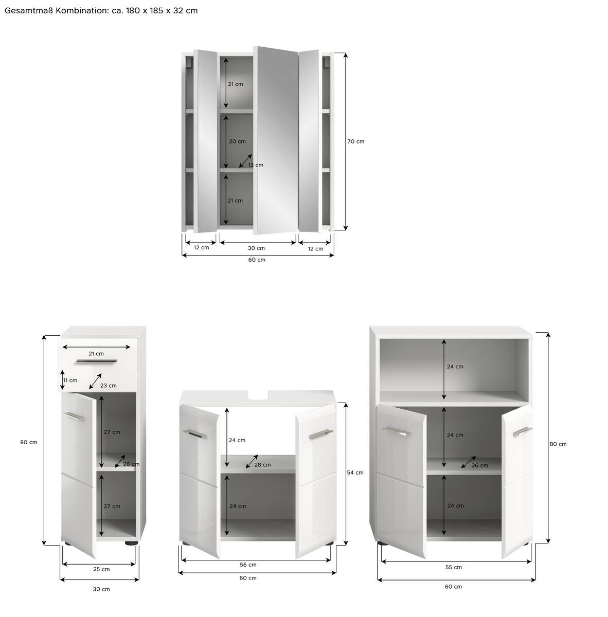 Badezimmer-Set ICE weiß weiß Hochglanz B/H/T: ca. 180x190x32 cm