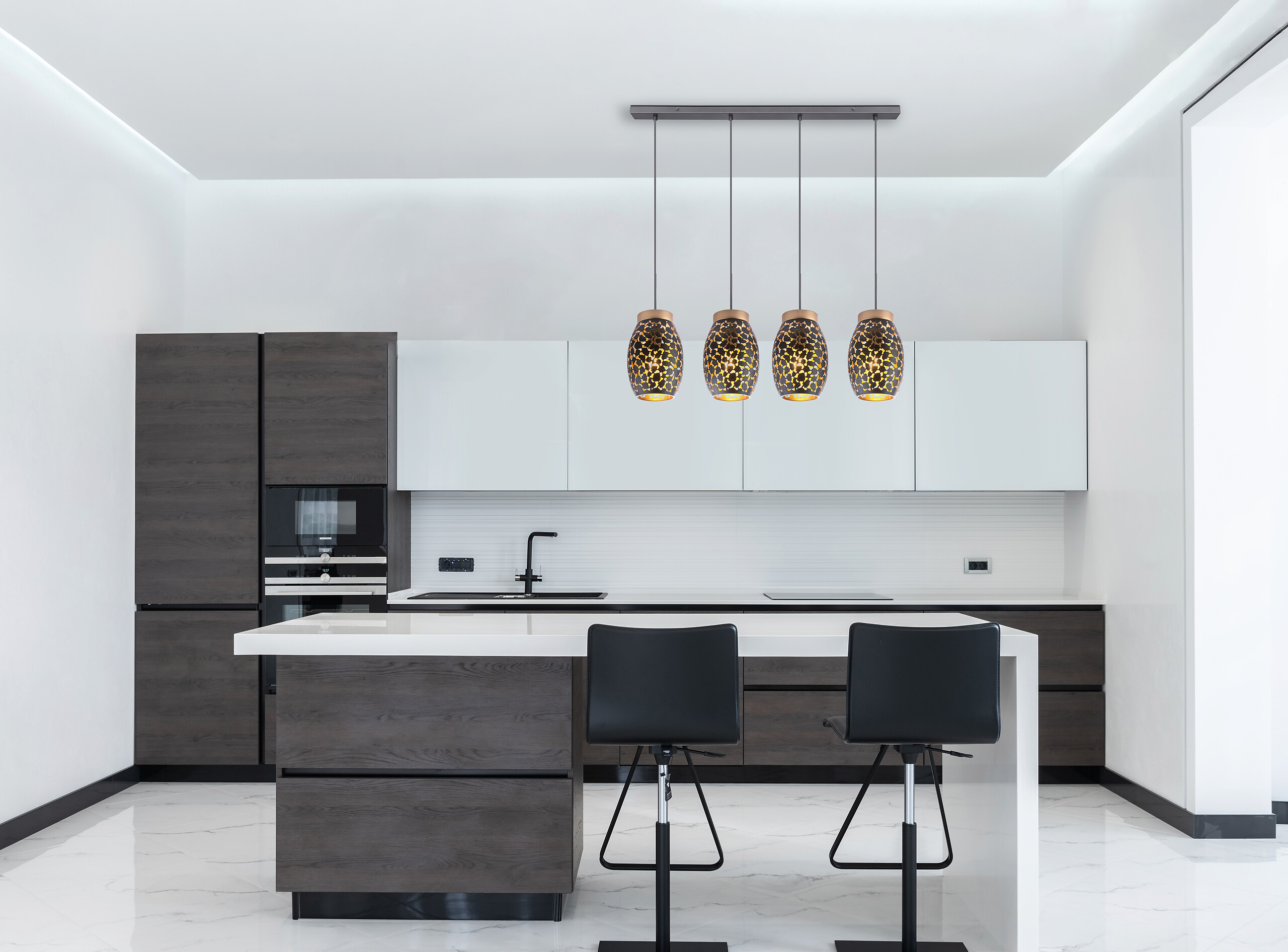 GLOBO Pendelleuchte Narri schwarz gold Metall B/H/L: ca. 15x120x90 cm E27 4 Brennstellen