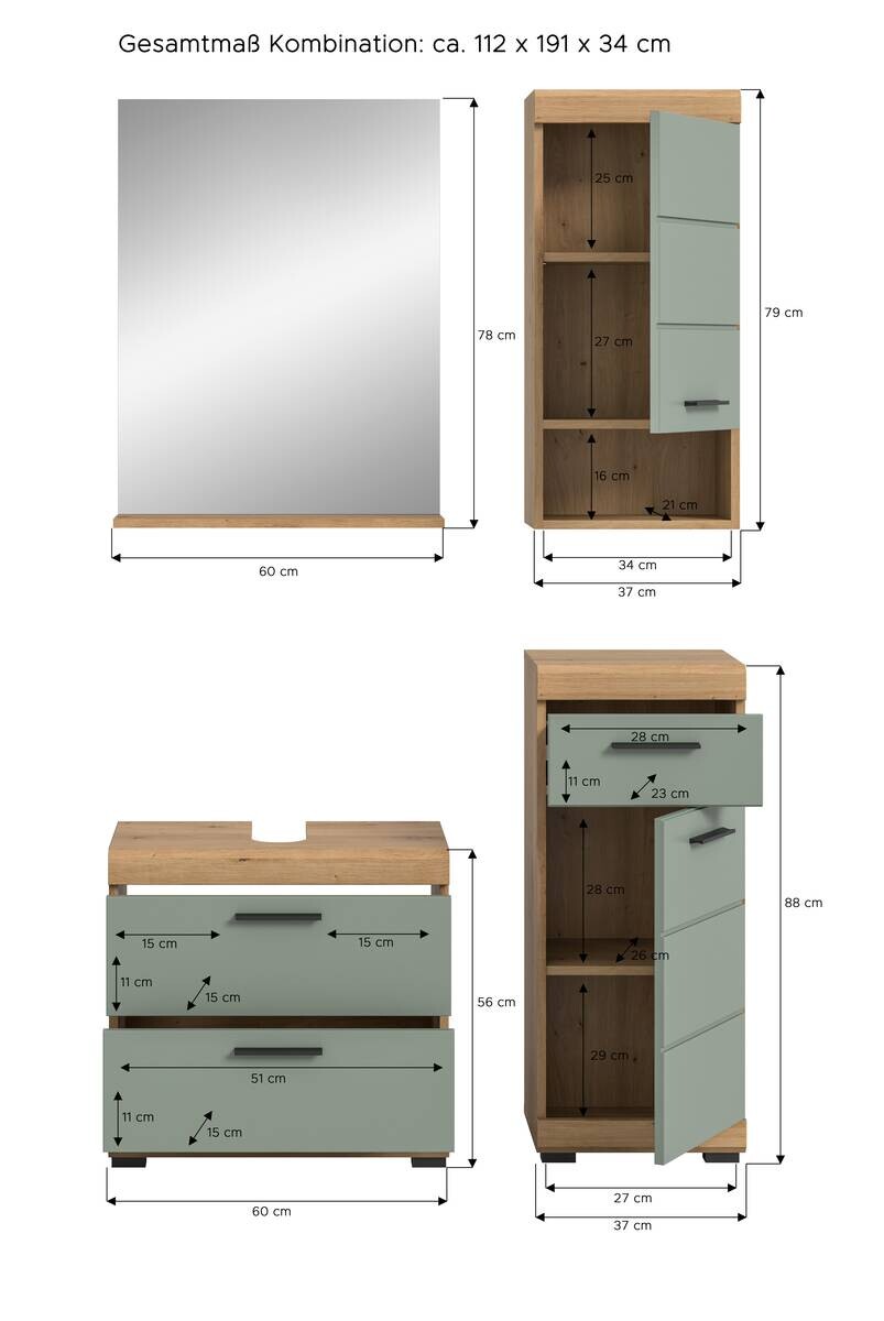 Badezimmer-Set Scout Eiche Artisan Nachbildung salbei Nachbildung B/H/T: ca. 112x191x37 cm