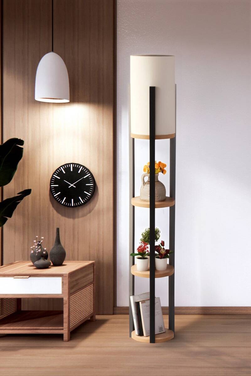 Opviq Stehleuchte Circle natur schwarz MDF B/H/L: ca. 21x135x21 cm E27 1 Brennstellen