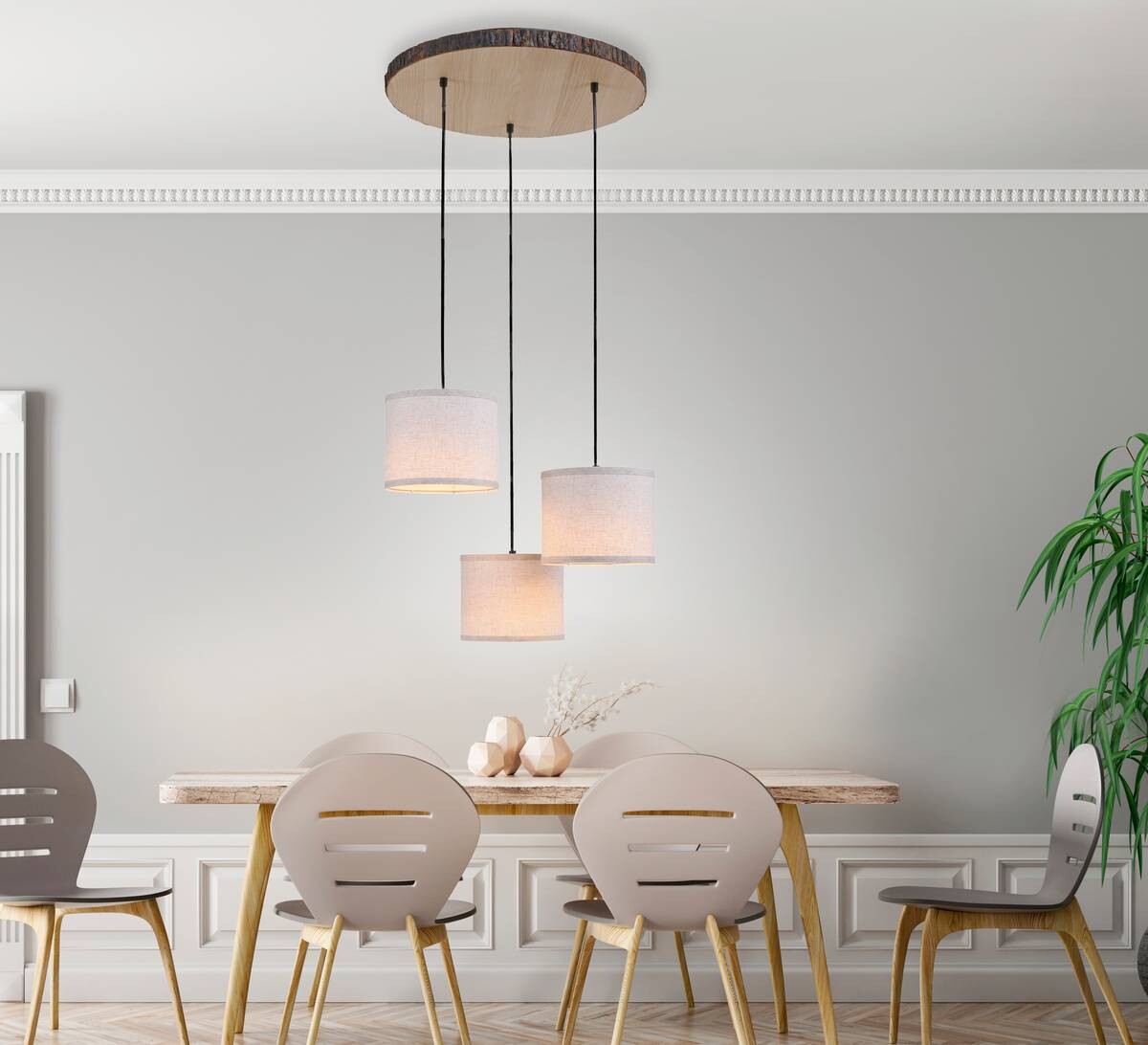 Just Light Deckenleuchte BARK 11236-79 weiß natur Holz Eisen Stoff H/D: ca. 120x52 cm E27 3 Brennstellen