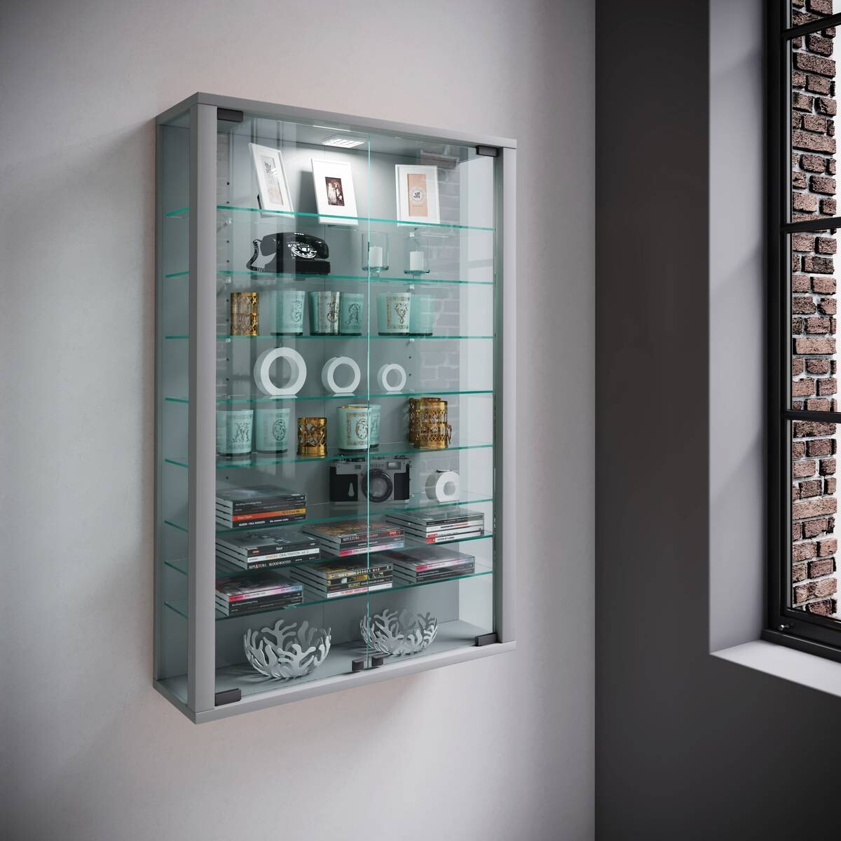 Vitrine Vitrosa Mini silber Holzwerkstoff Glas B/H/T: ca. 59x90x18 cm