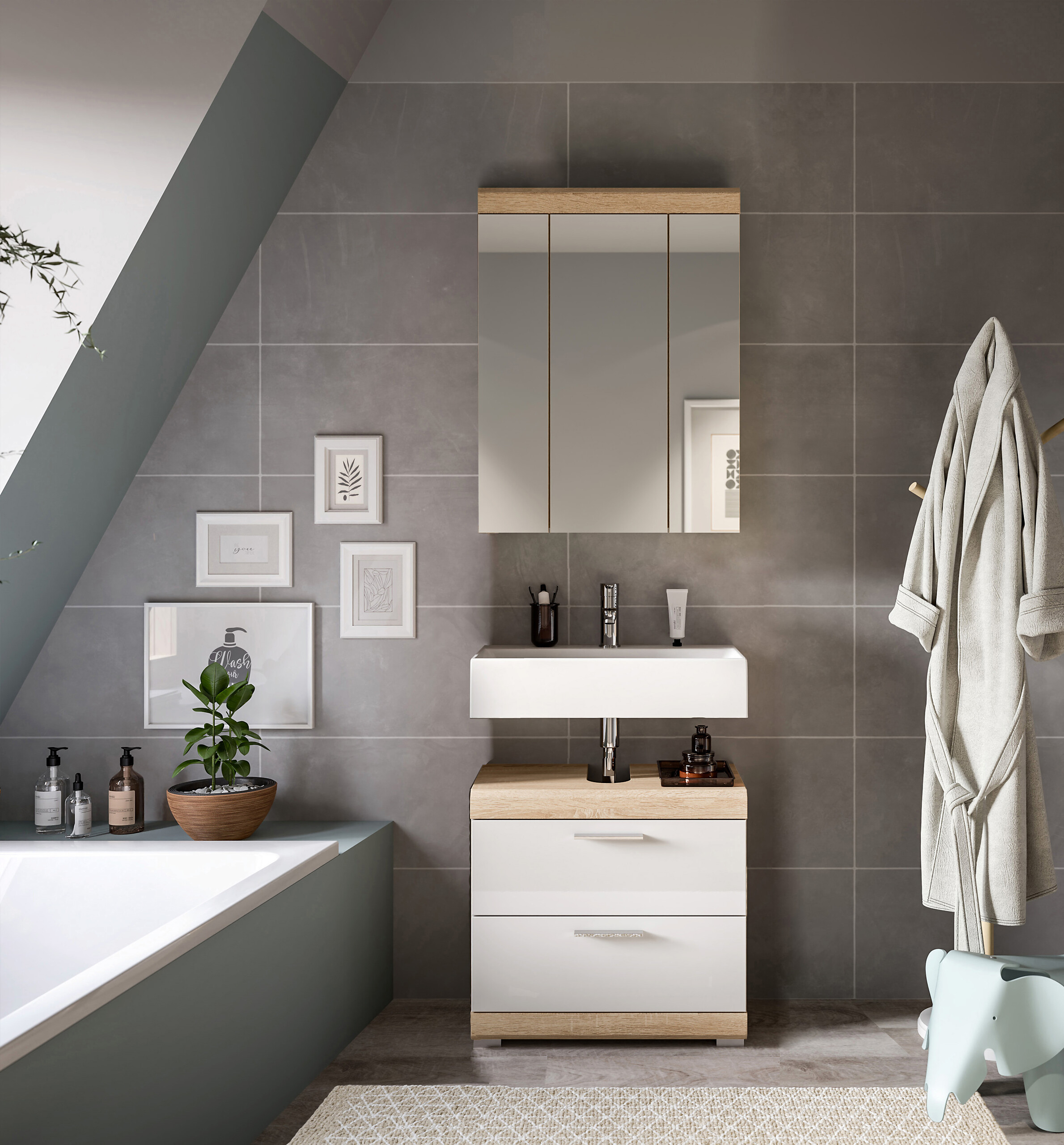 Badezimmer-Set Lambada Eiche Sonoma Nachbildung weiß Hochglanz B/H/T: ca. 60x191x37 cm Badezimmer-Set Lambada Eiche Sonoma Nachbildung weiß Hochglanz B/H/T: ca. 60x191x37 cm