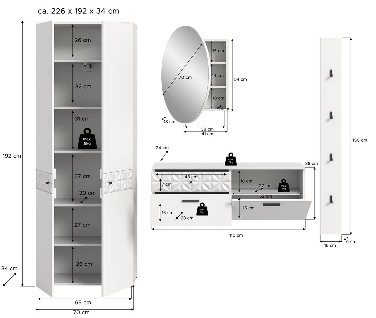 Garderobe Prisma weiß weiß Hochglanz B/H/T: ca. 226x192x34 cm