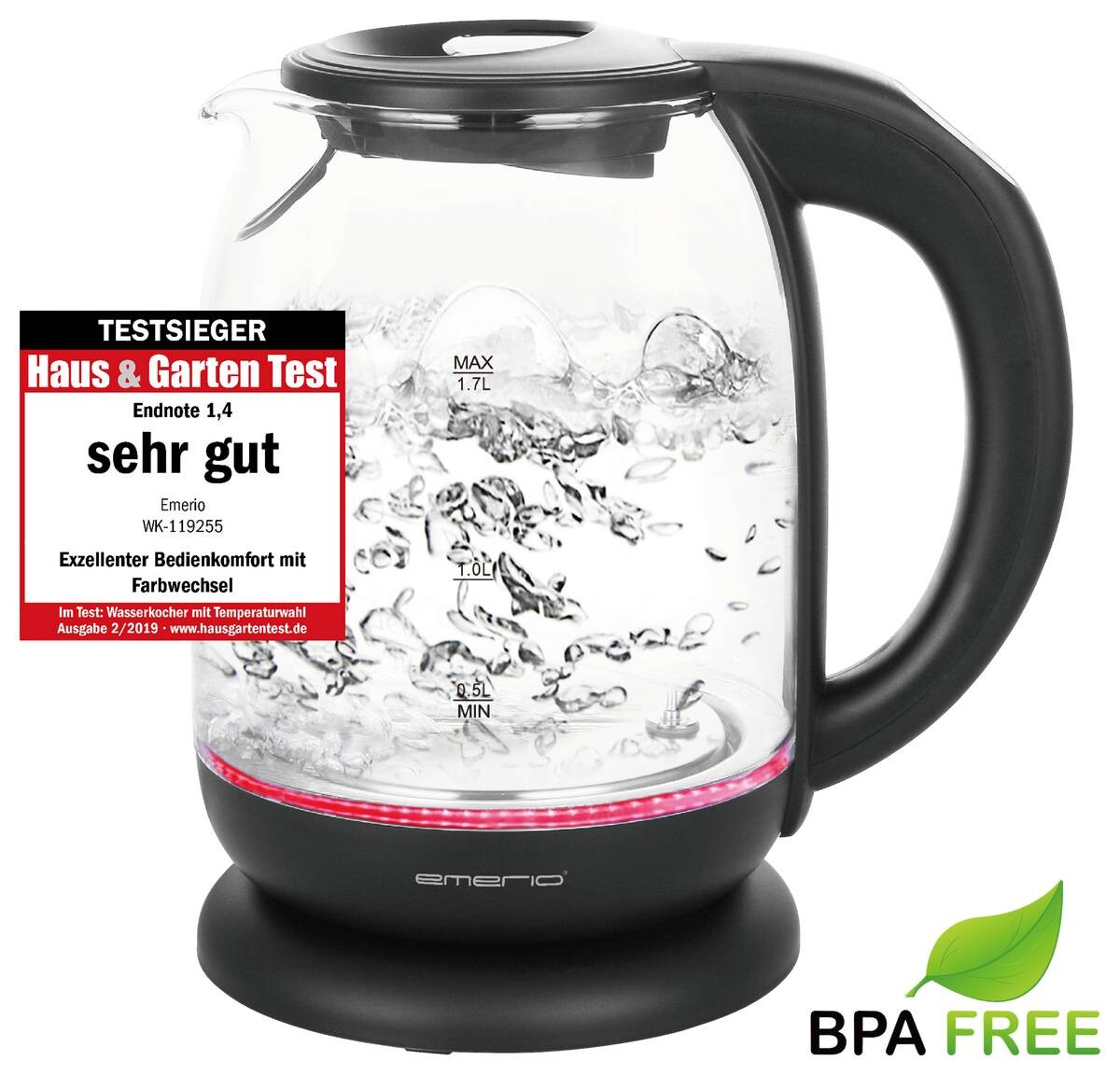 Emerio Glas-Wasserkocher WK-119255.5 schwarz Kunststoff H: ca. 25 cm ca. 1,7 l