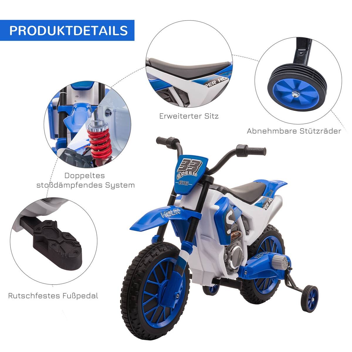 HOMCOM Kinder-Elektromotorrad blau B/H/L: ca. 51,5x68x106,5 cm