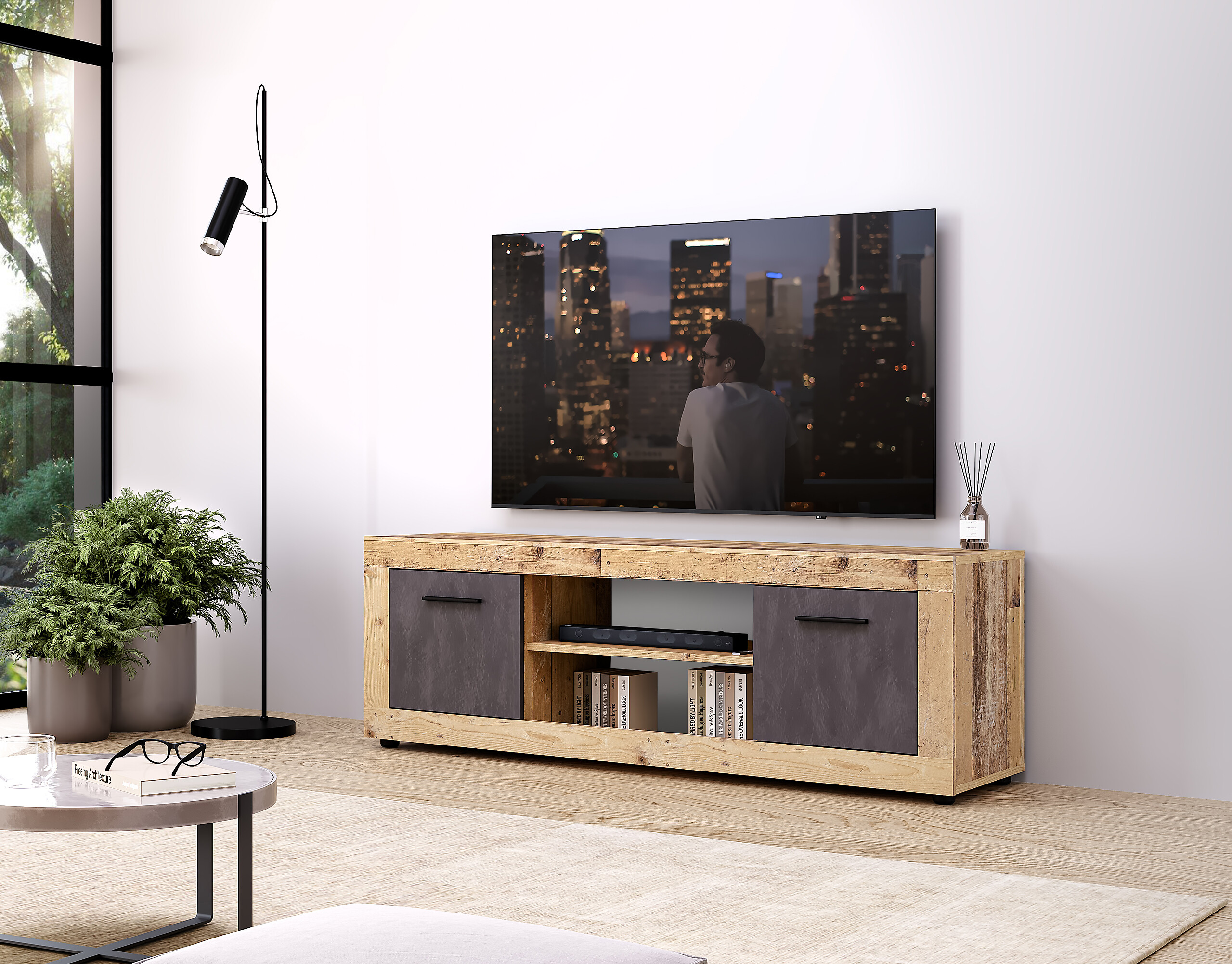TV-Lowboard LUNA 2D Eiche Old Wood hell Nachbildung Eiche Matera Nachbildung Beton Optik B/H/T: ca. 140x40x40 cm