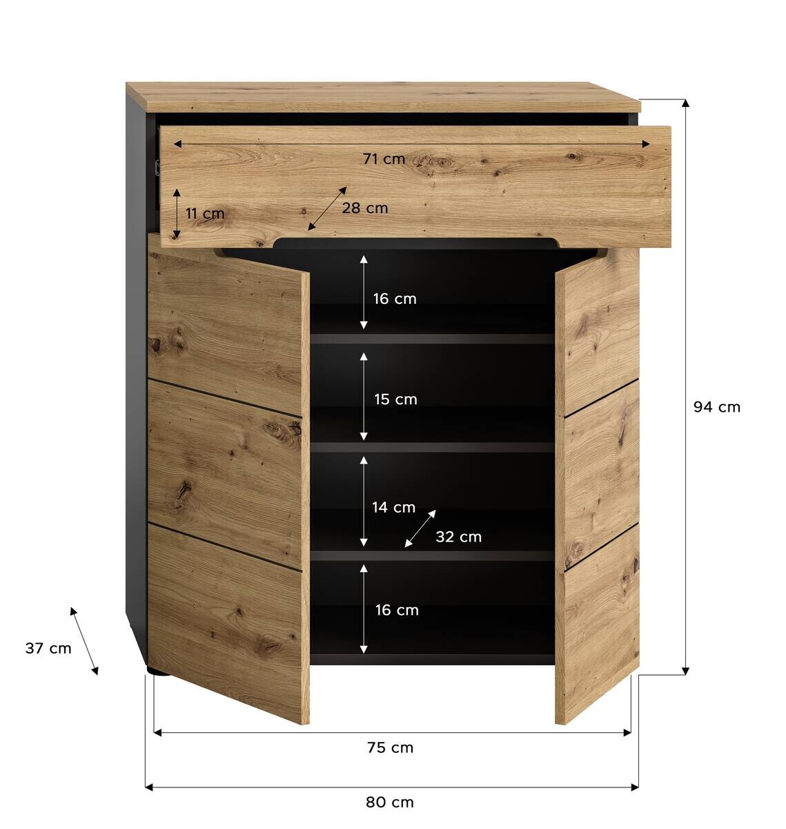 Schuhkommode CANU edles Basaltgrau Nachbildung Eiche Artisan Nachbildung B/H/T: ca. 80x94x37 cm