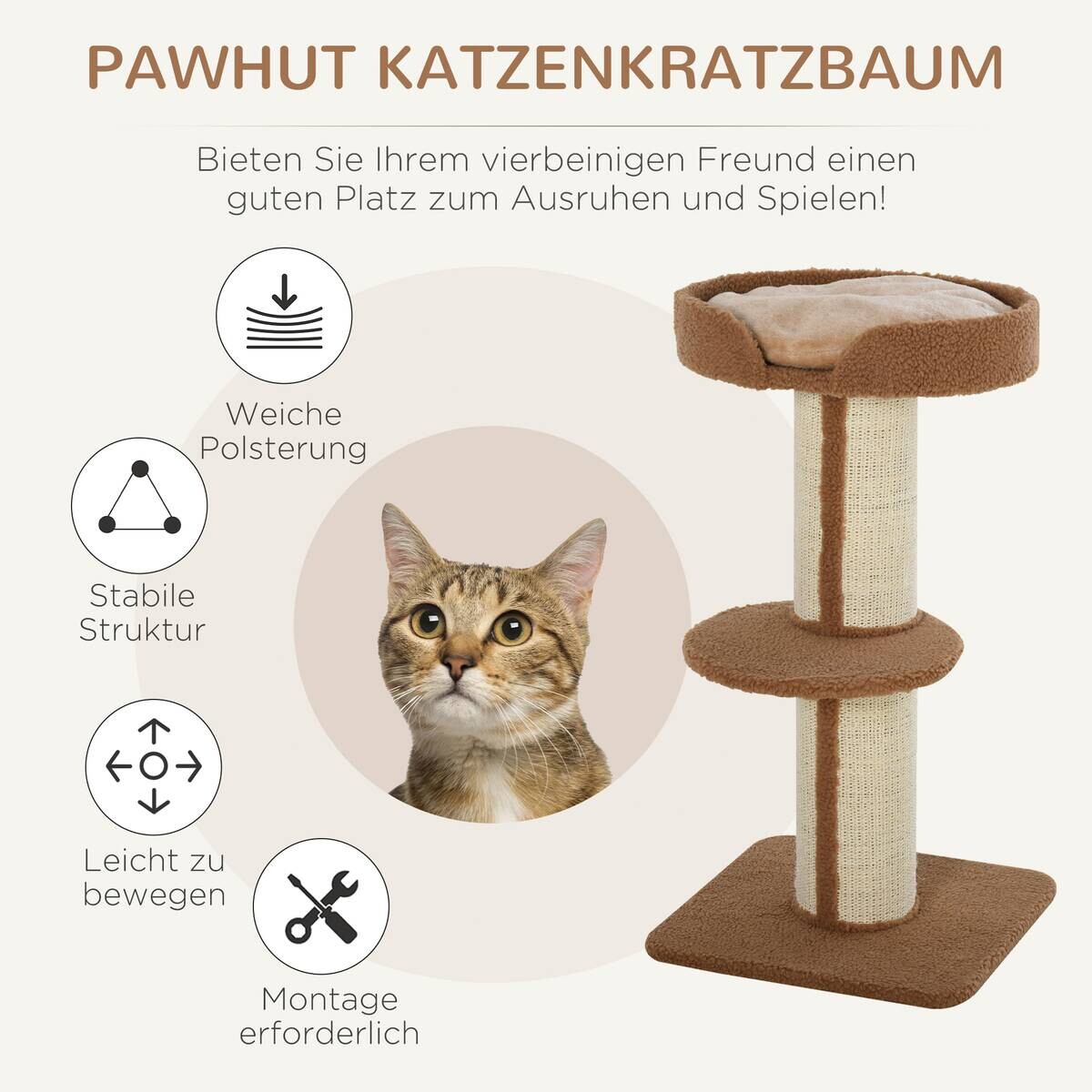 PawHut Kratzbaum hellbraun Edelstahl B/H/L: ca. 45x45x91 cm