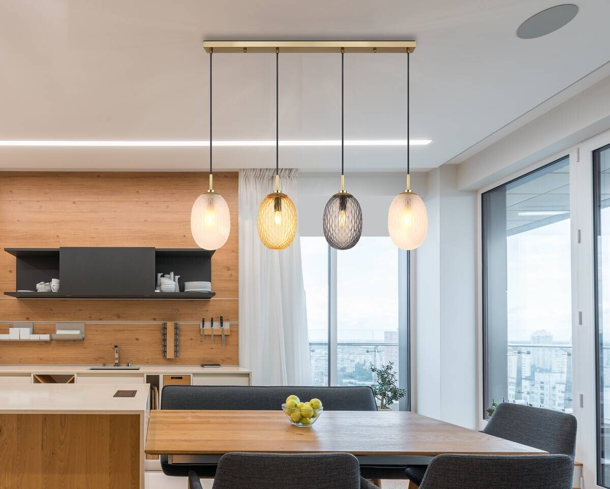 GLOBO Pendelleuchte schwarz Rauch gold Textil Glas Metall B/H/T: ca. 96x120x15 cm E14 4 Brennstellen