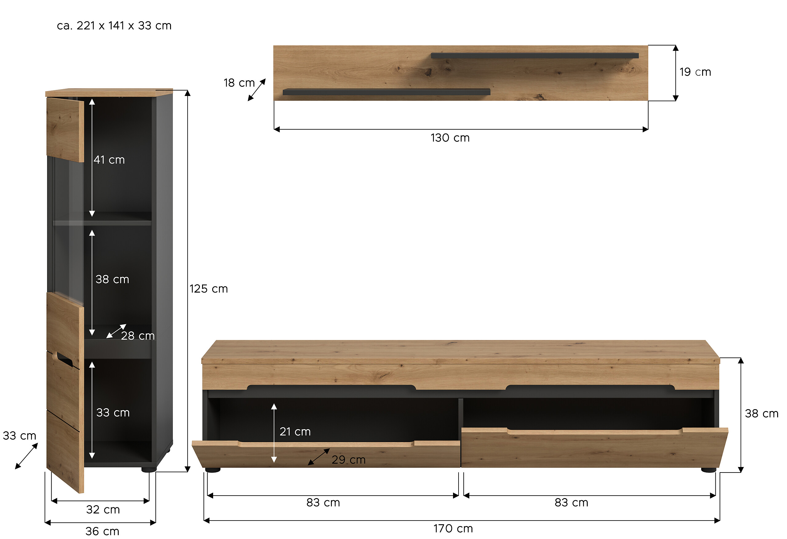 Wohnwand Canu basaltgrau Nachbildung Artisan Oak Nachbildung B/H/T: ca. 221x141x33 cm