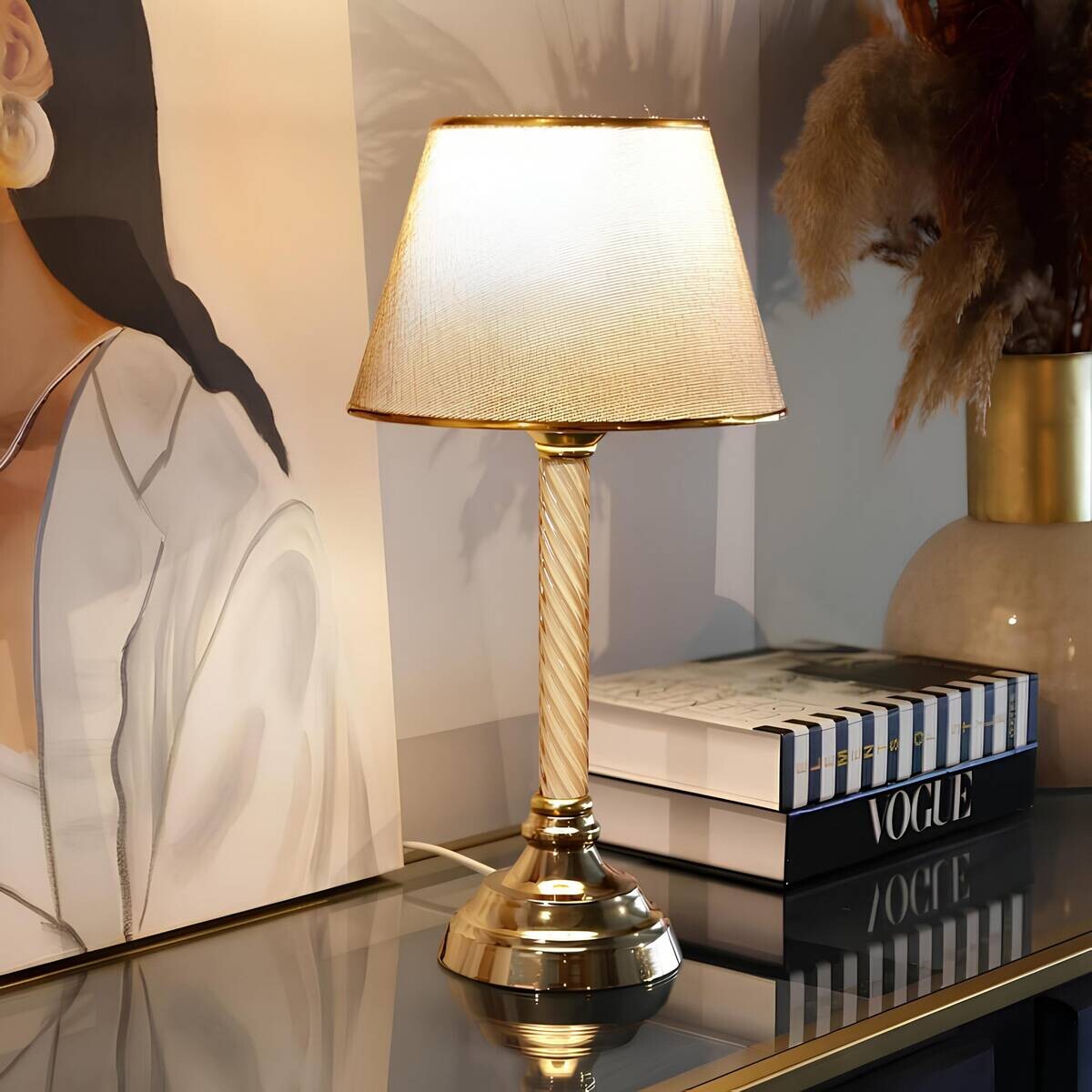 Opviq Tischleuchte gold beige Stoff Kunststoff B/H/L: ca. 22x45x22 cm E27 1 Brennstellen