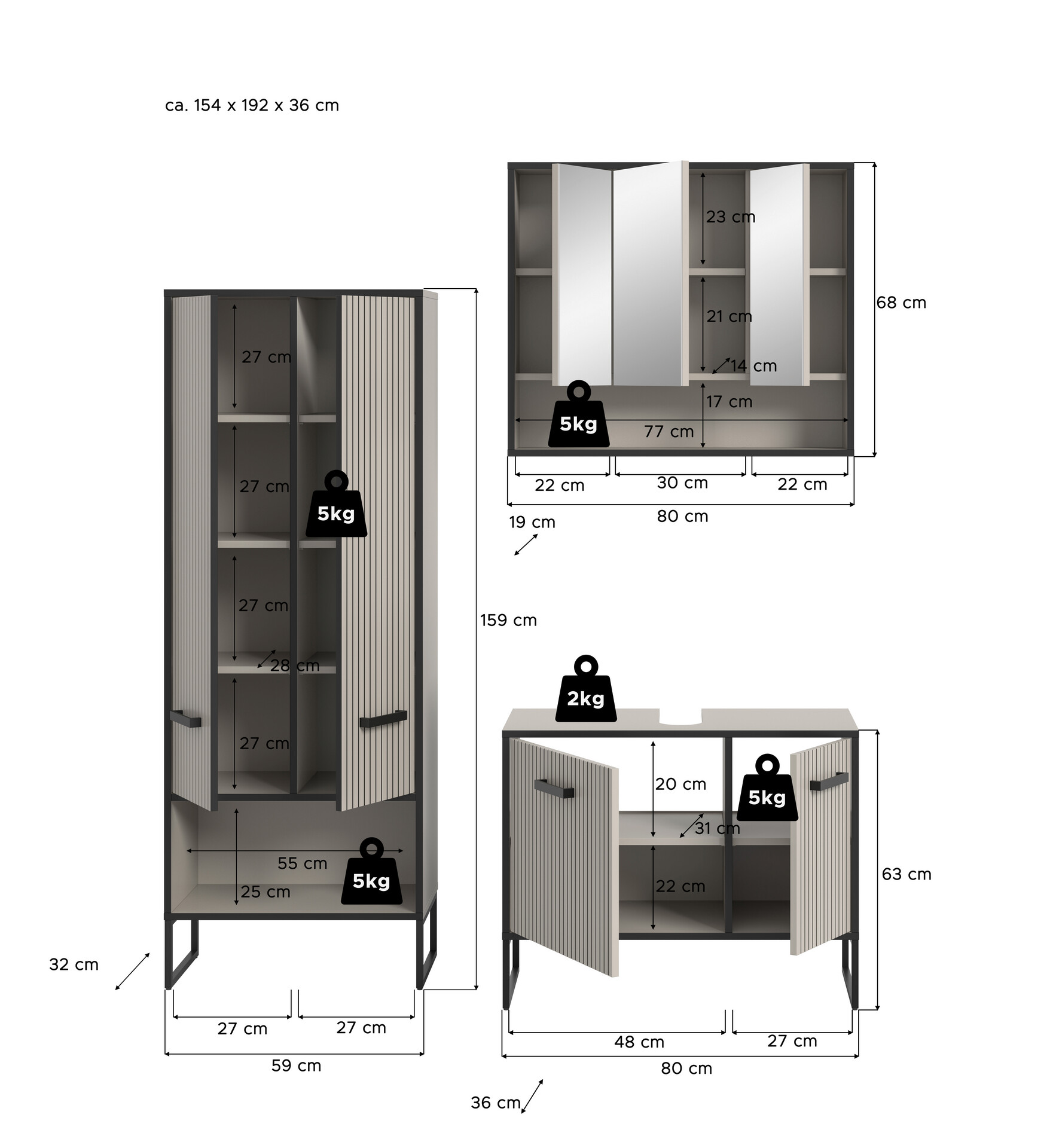 Badezimmer-Set BAGNO schwarz Kaschmirgrau Nachbildung B/H/T: ca. 154x192x36 cm