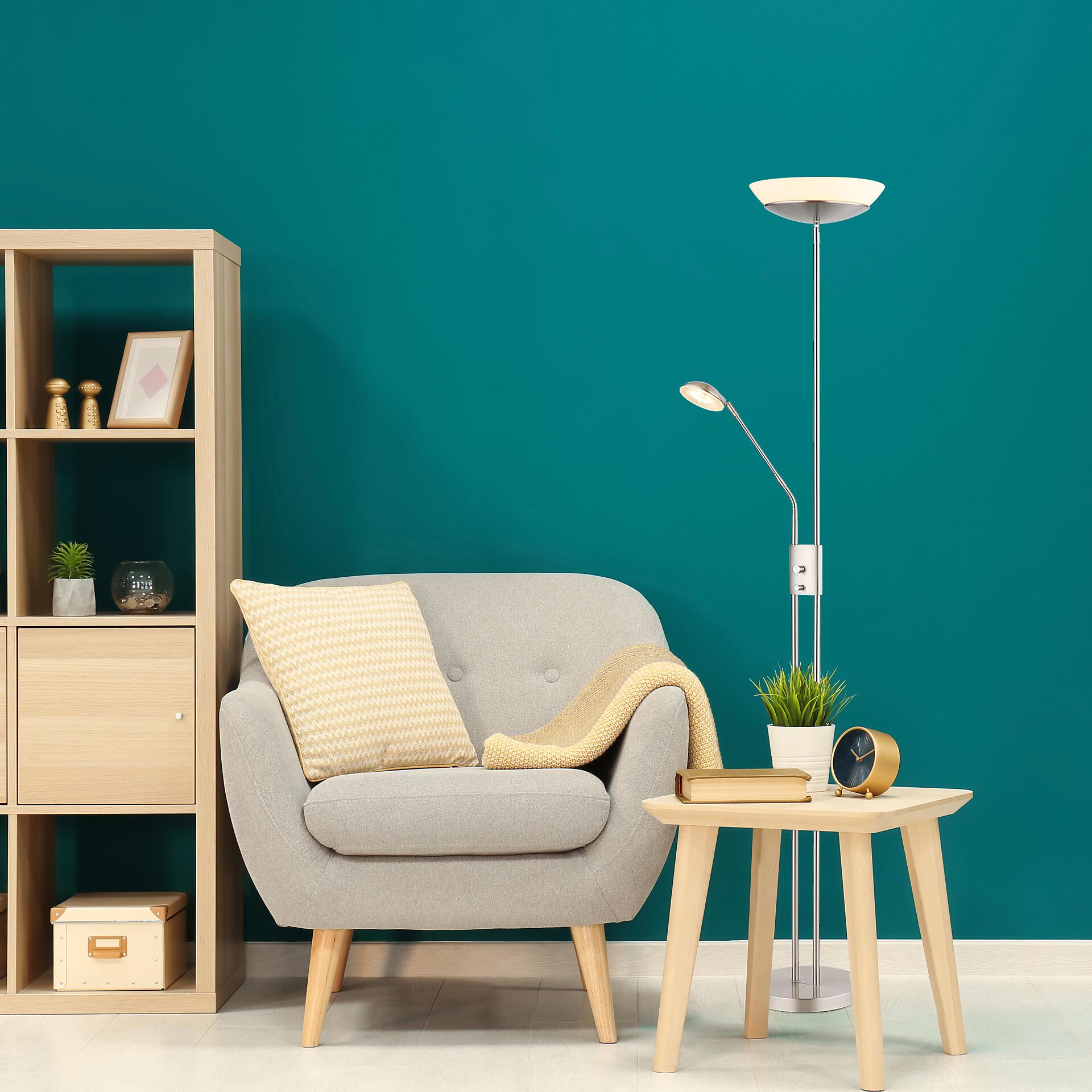 GLOBO Deckenfluter nickel matt Metall Kunststoff Glas B/H/D: ca. 57x180x29 cm