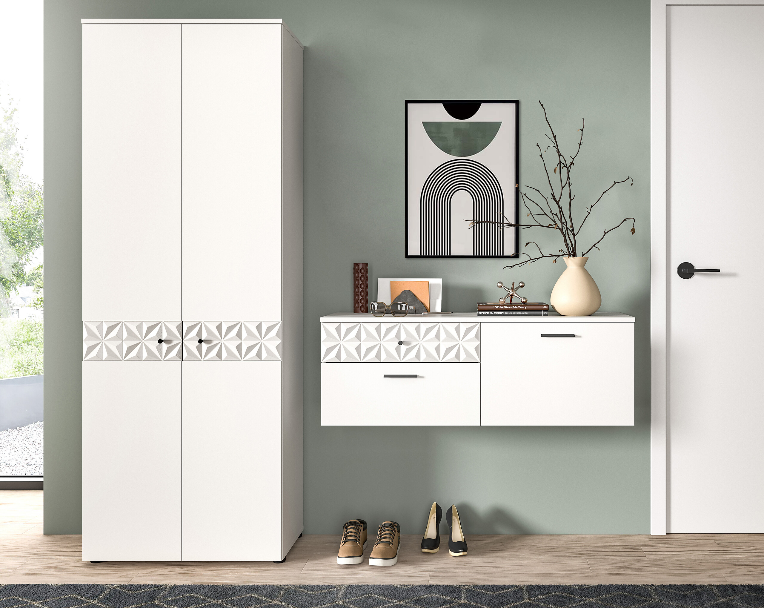 Garderobe Prisma weiß weiß Hochglanz B/H/T: ca. 195x192x34 cm