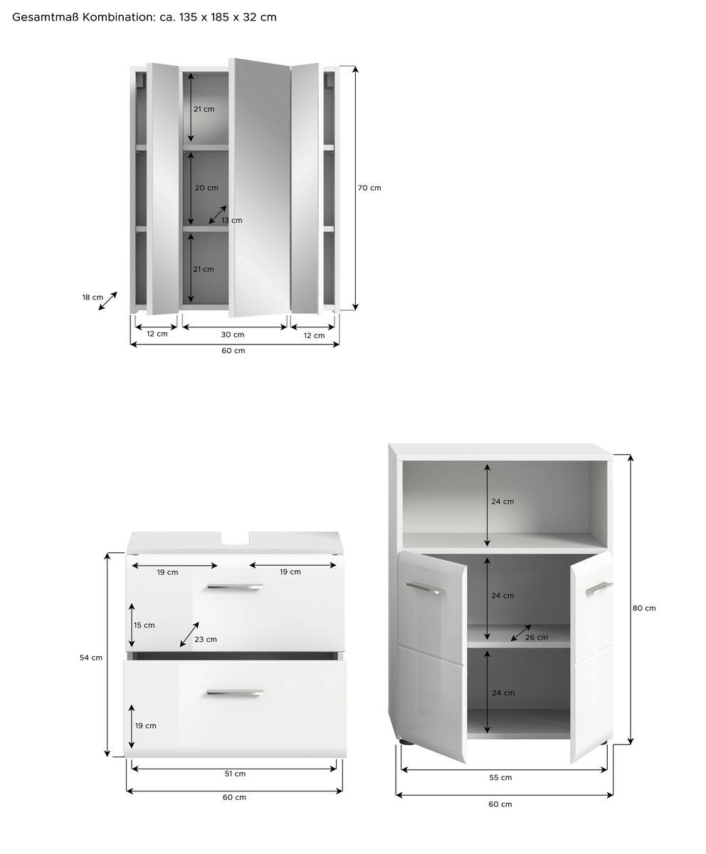 Badezimmer-Set ICE weiß weiß Hochglanz B/H/T: ca. 135x190x32 cm