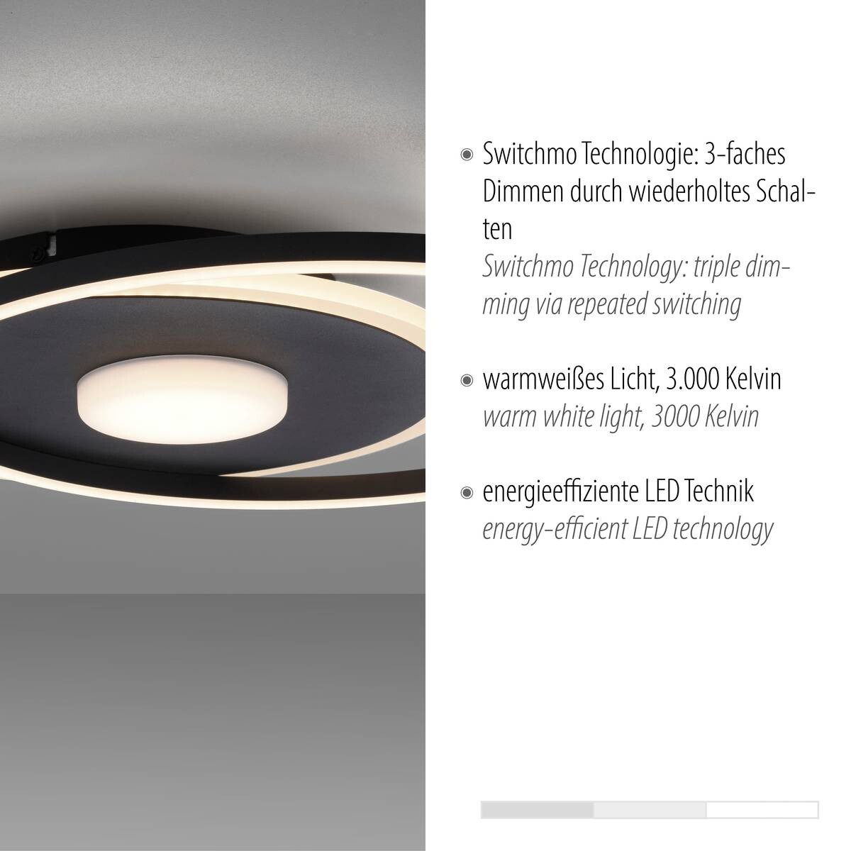 Just Light LED-Deckenleuchte DOMINO 15046-18 schwarz weiß Metall Kunststoff B/H/T: ca. 39,5x6,8x45 cm 1 Brennstellen