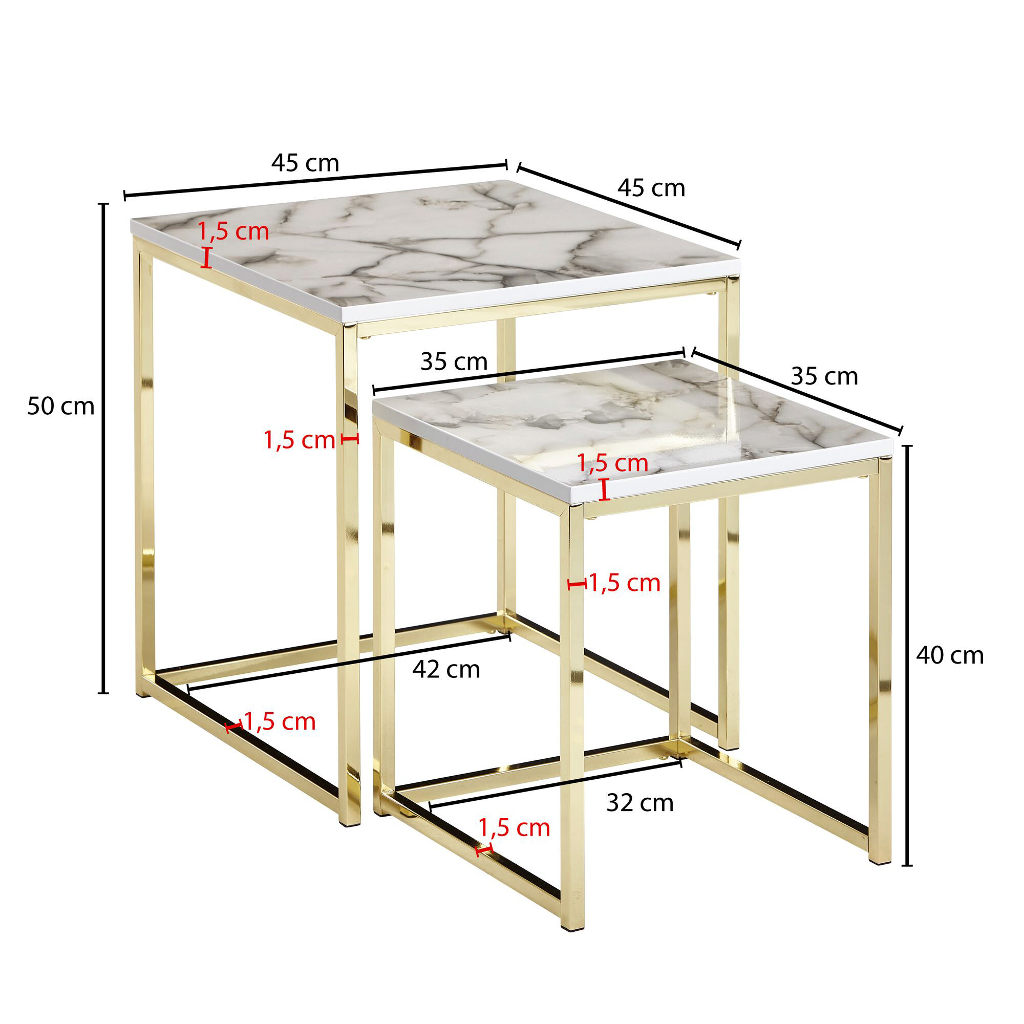 Wohnling Couchtisch 2er-Set. weiß Marmor gold MDF Stahl
