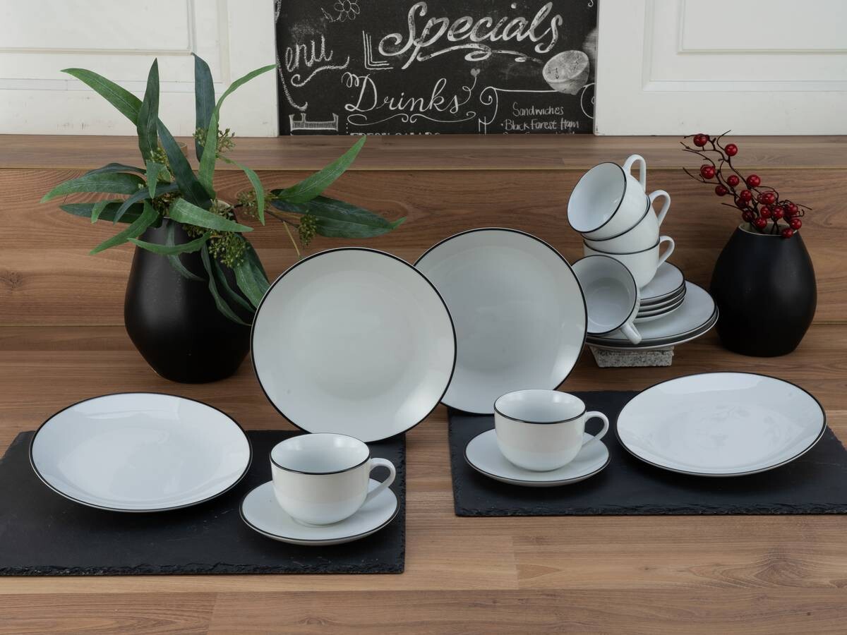 CreaTable Kaffeeservice Luna Black Line weiß Porzellan 18 tlg.