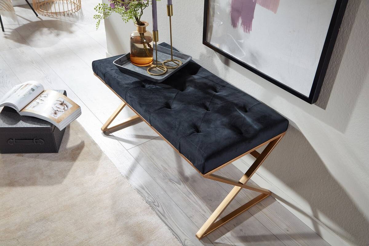 Sitzbank schwarz gold lackiert Edelstahl Samt B/H/T: ca. 90x46x44 cm