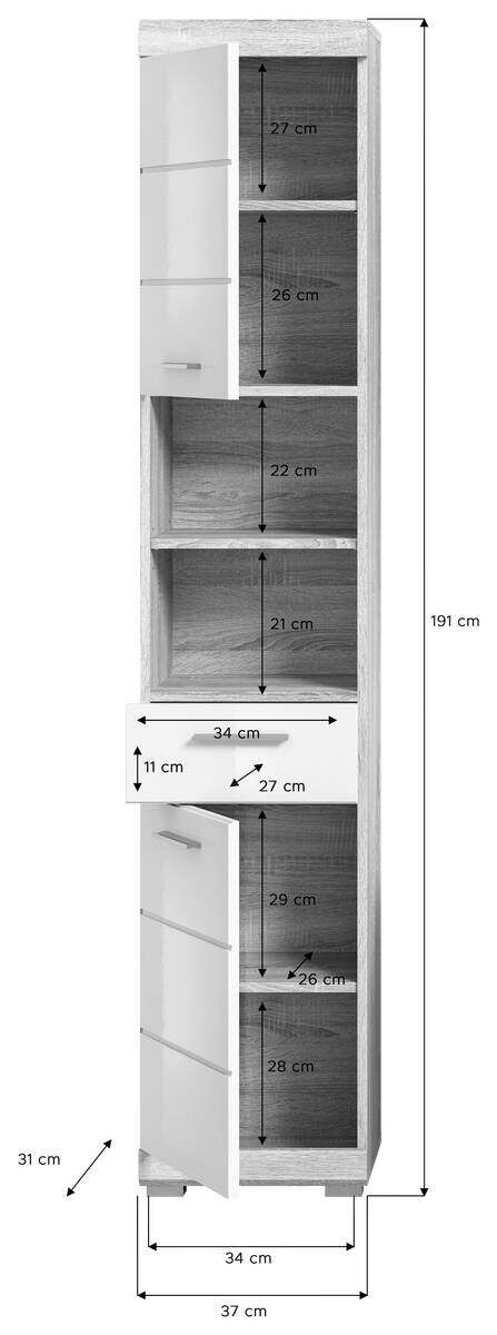 Badhochschrank LAMBADA Eiche Sonoma hell Nachbildung weiß Hochglanz B/H/T: ca. 37x191x31 cm