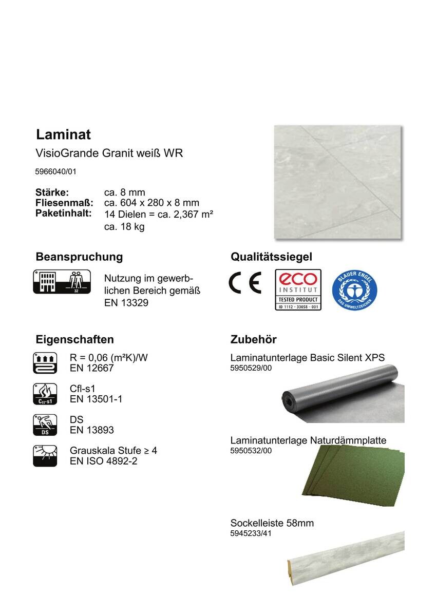 Visiogrande Laminatboden Granit weiß ca. 2,367 m² im Paket  B/L: ca. 28x60,4 cm pro Paket