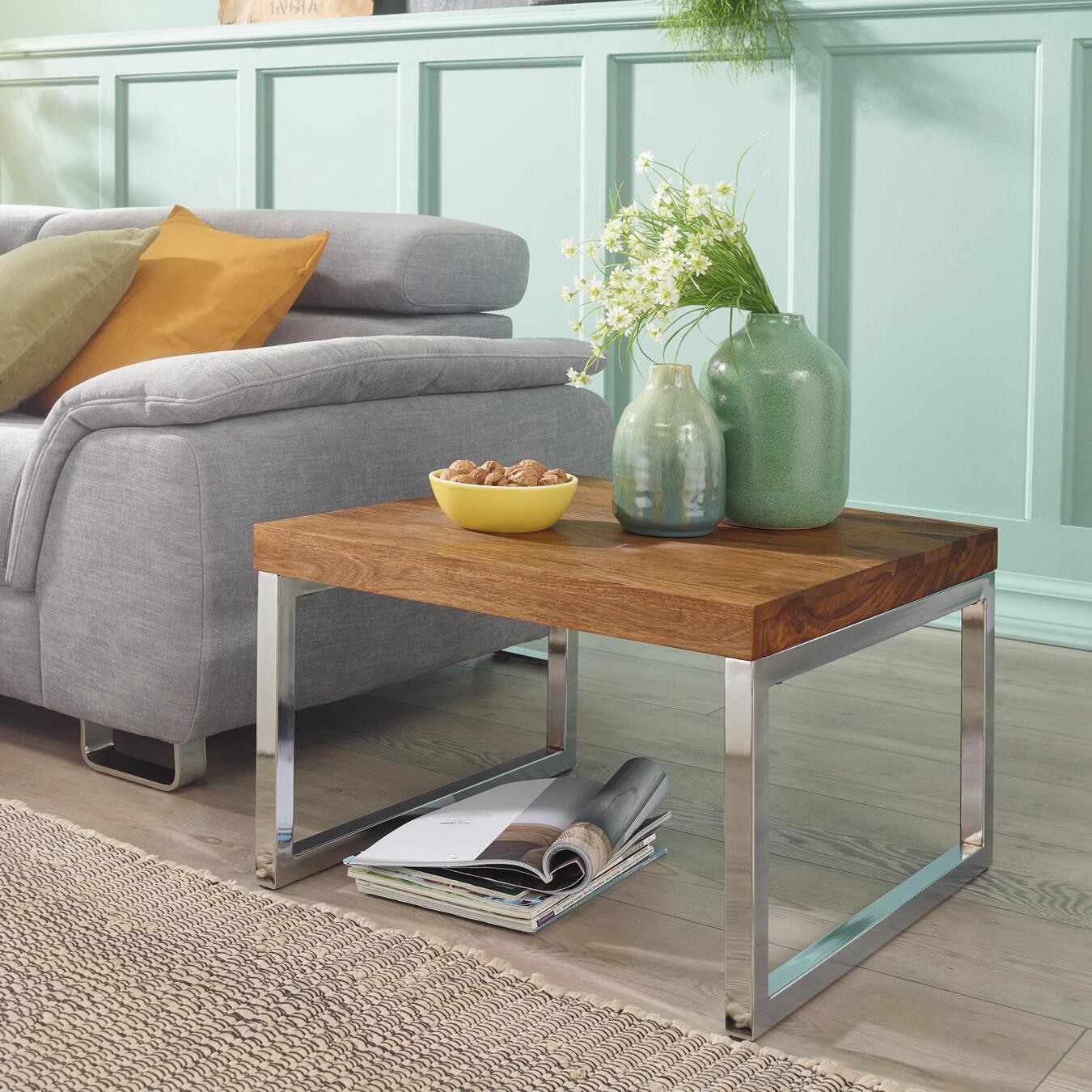 Beistelltisch natur Chrom verchromt Echtholz Metall B/H/T: ca. 60x40x60 cm