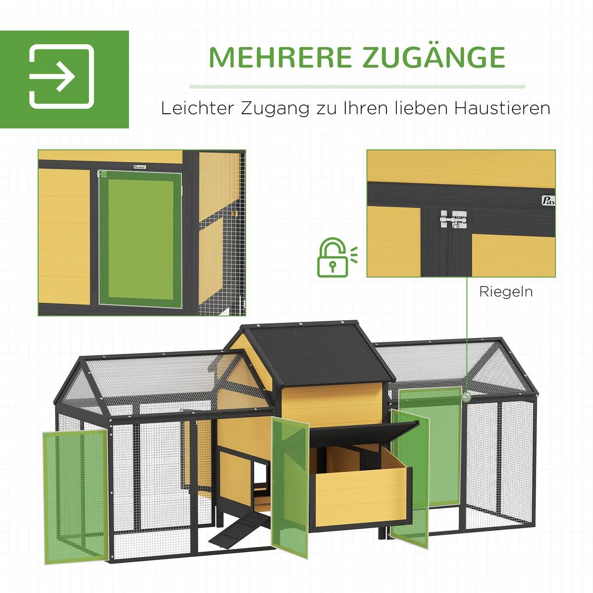 PawHut Hühnerstall gelb Holz B/H/L: ca. 125x113,5x247 cm