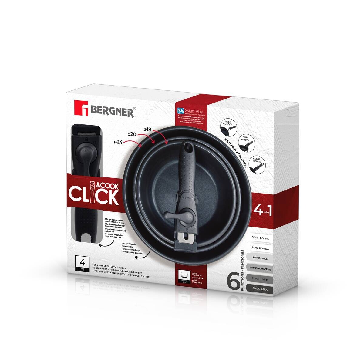 BERGNER Pfannenset Click&Cook schwarz Edelstahl 4 tlg.