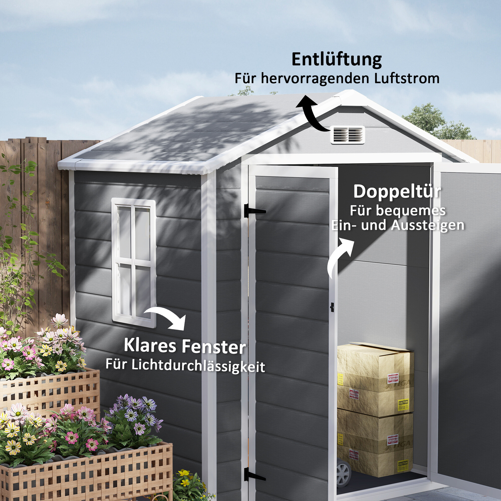 Outsunny Gartenschuppen grau Kunststoff B/H/L: ca. 134x210x183 cm