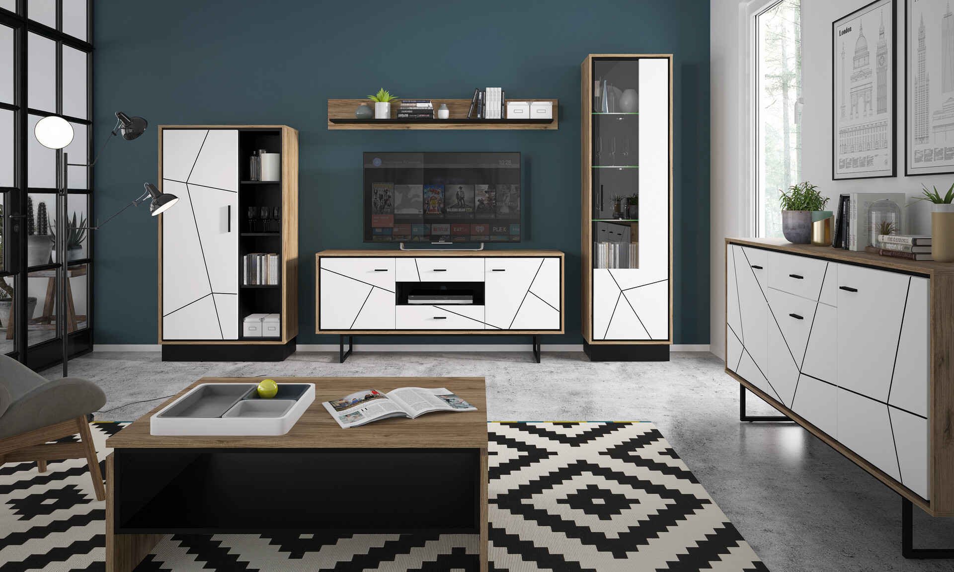 Standvitrine Brolo Eiche Cartania Nachbildung weiß Hochglanz schwarz B/H/T: ca. 85,4x160,4x37 cm