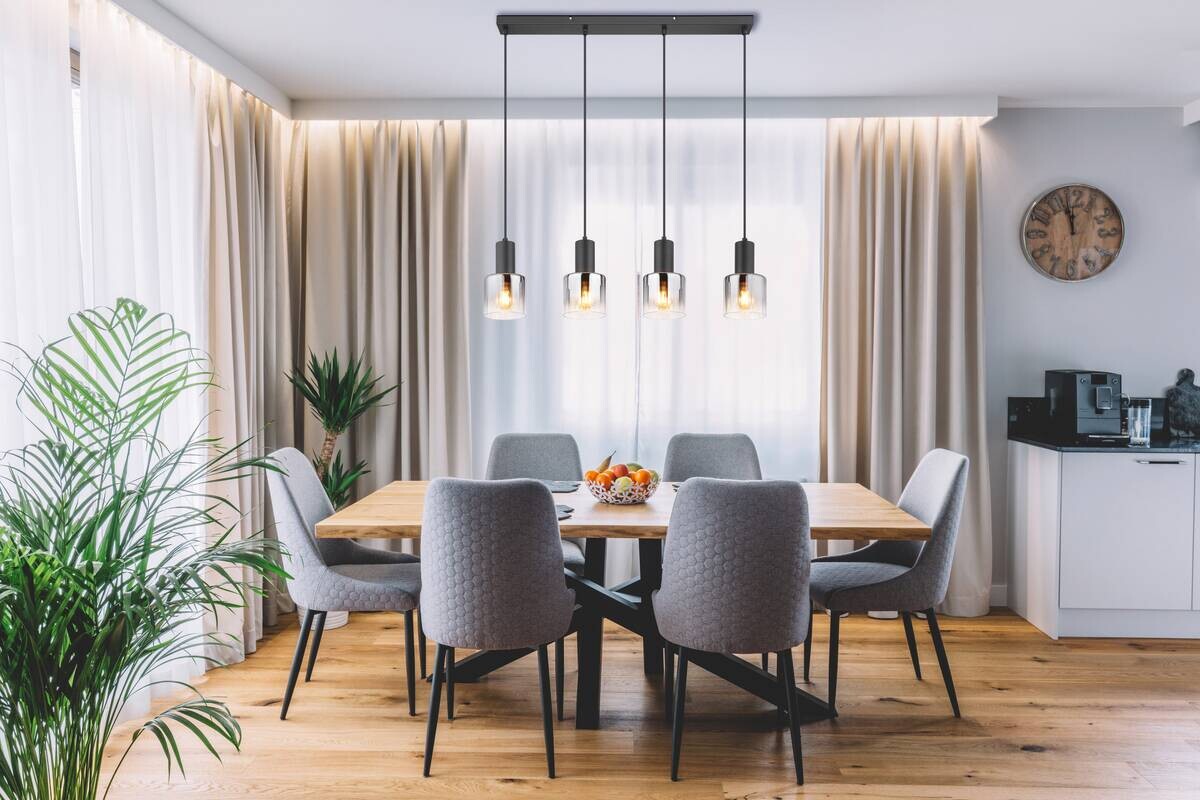 GLOBO Pendelleuchte Jack schwarz klar Rauch Glas Metall B/H/L: ca. 74x150x12 cm E27 4 Brennstellen